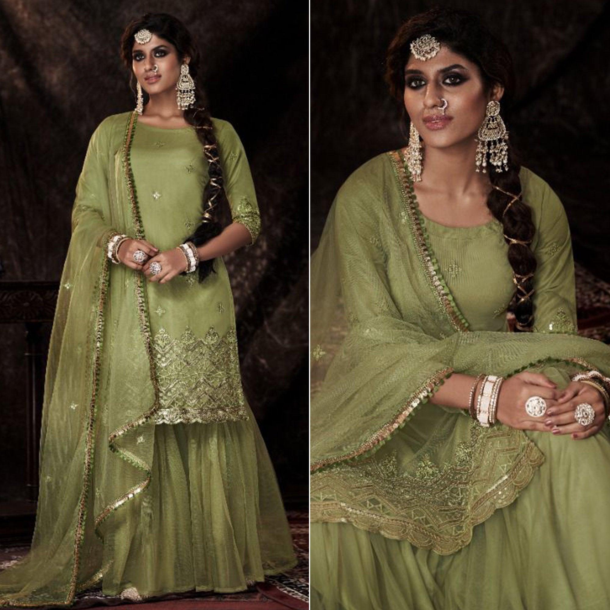 Olive Sequence Embroidered Netted Palazzo Suit - Peachmode