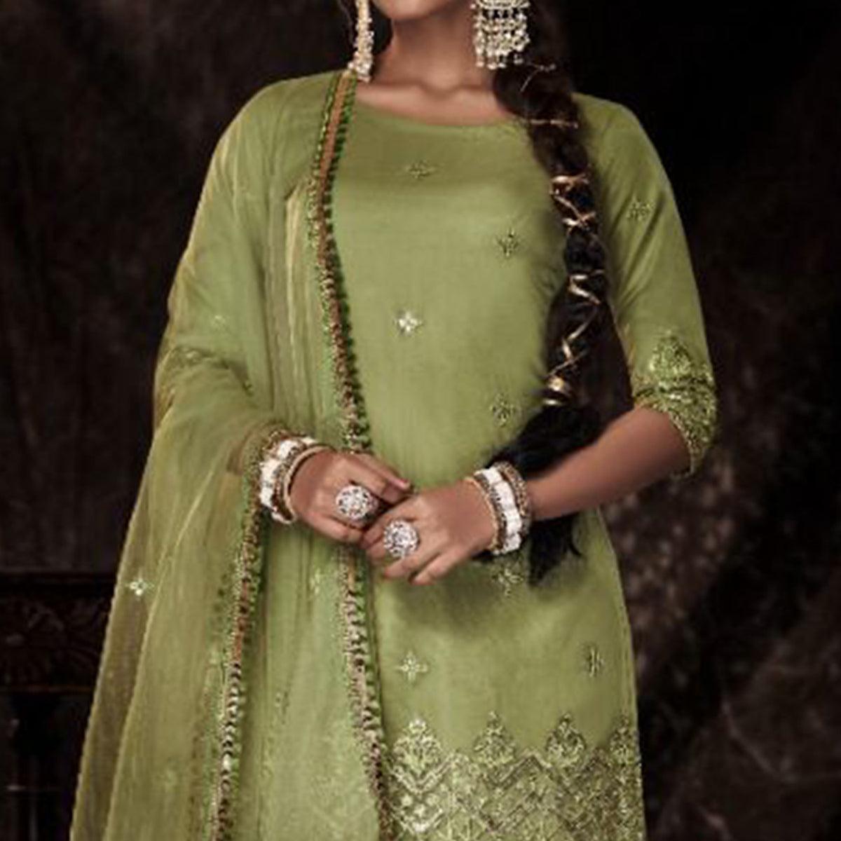 Olive Sequence Embroidered Netted Palazzo Suit - Peachmode