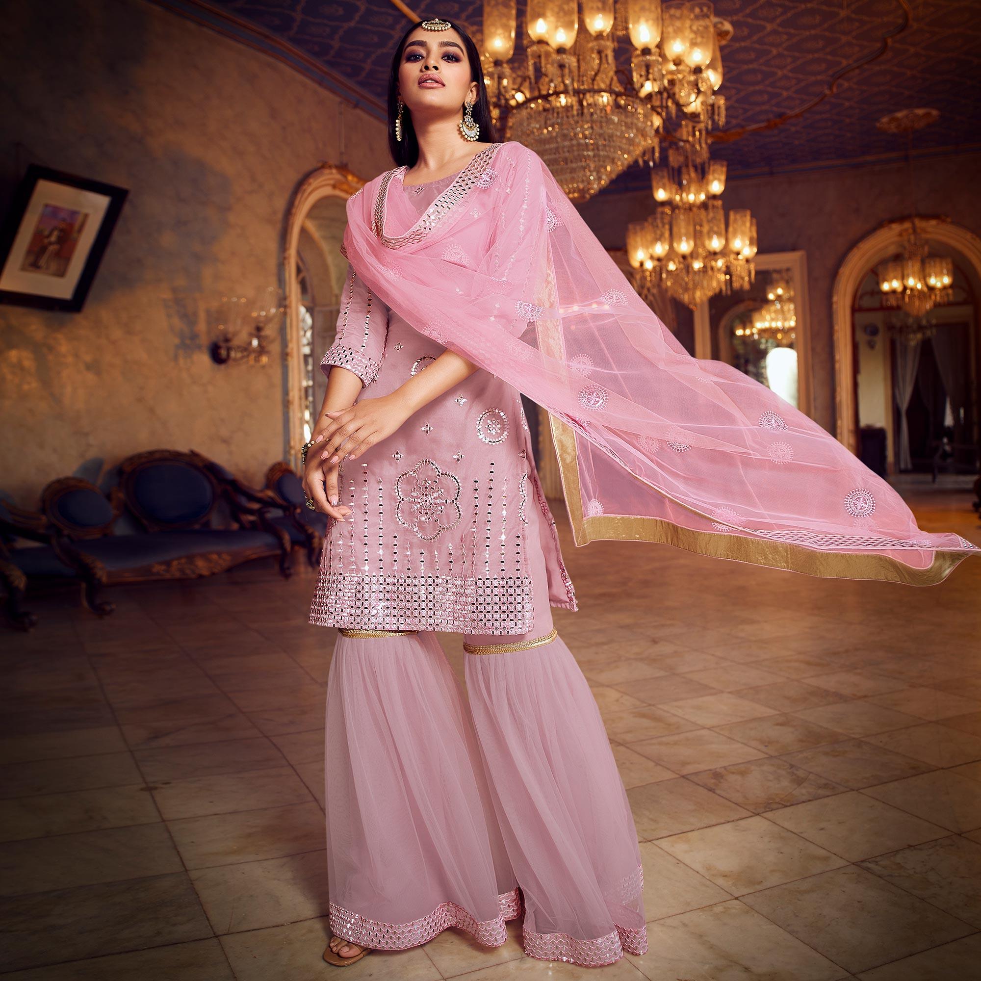 Opulent Baby Pink Coloured Partywear Thread Foil Mirror Work Organza Pallazo Suit - Peachmode