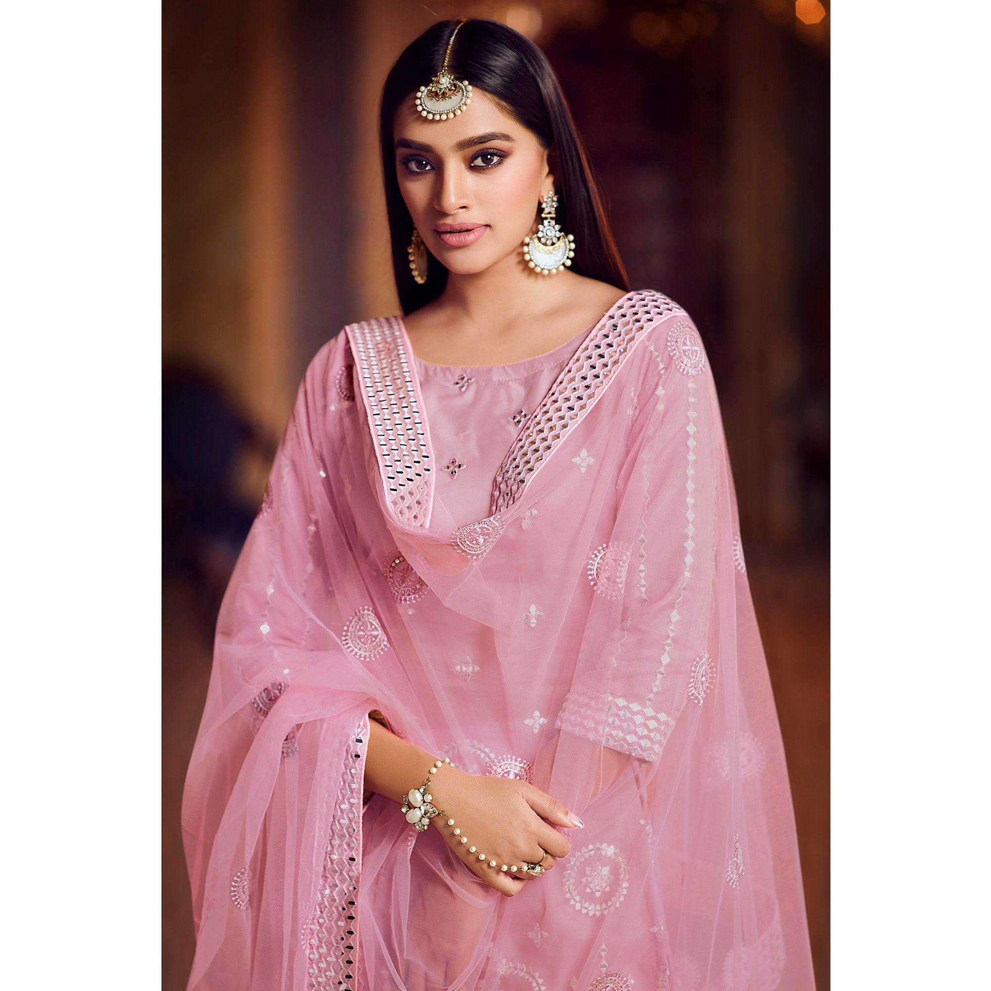 Opulent Baby Pink Coloured Partywear Thread Foil Mirror Work Organza Pallazo Suit - Peachmode