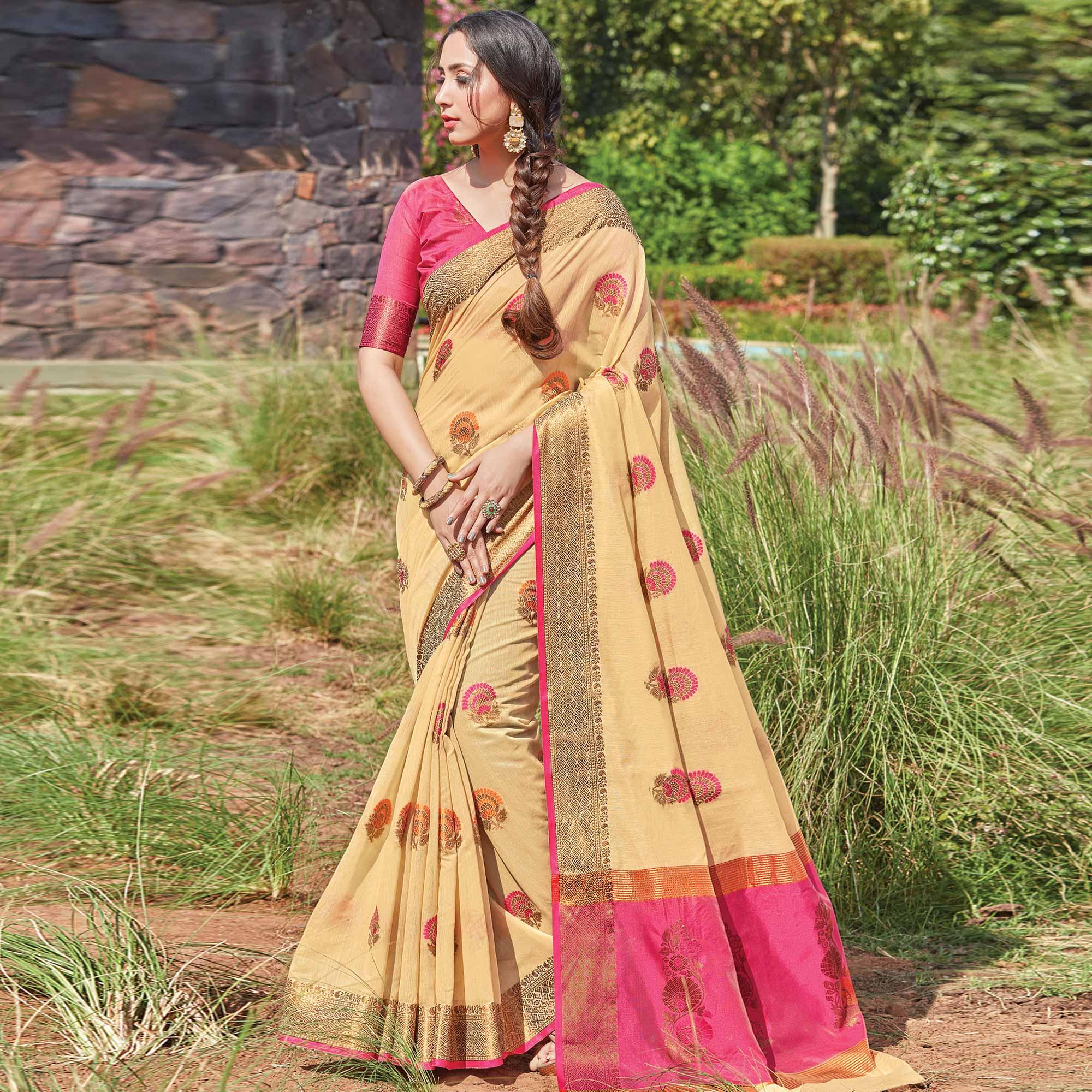 Opulent Beige Colored Festive Wear Woven Cotton Handloom Saree - Peachmode