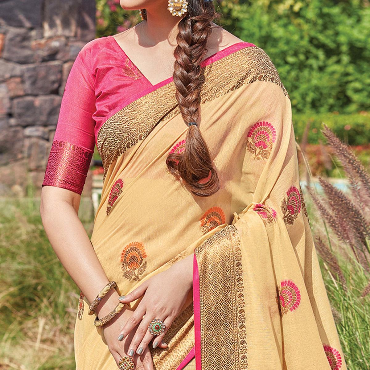 Opulent Beige Colored Festive Wear Woven Cotton Handloom Saree - Peachmode