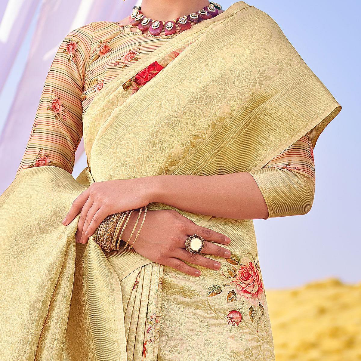 Opulent Beige Colored Festive Wear Woven Silk Saree - Peachmode