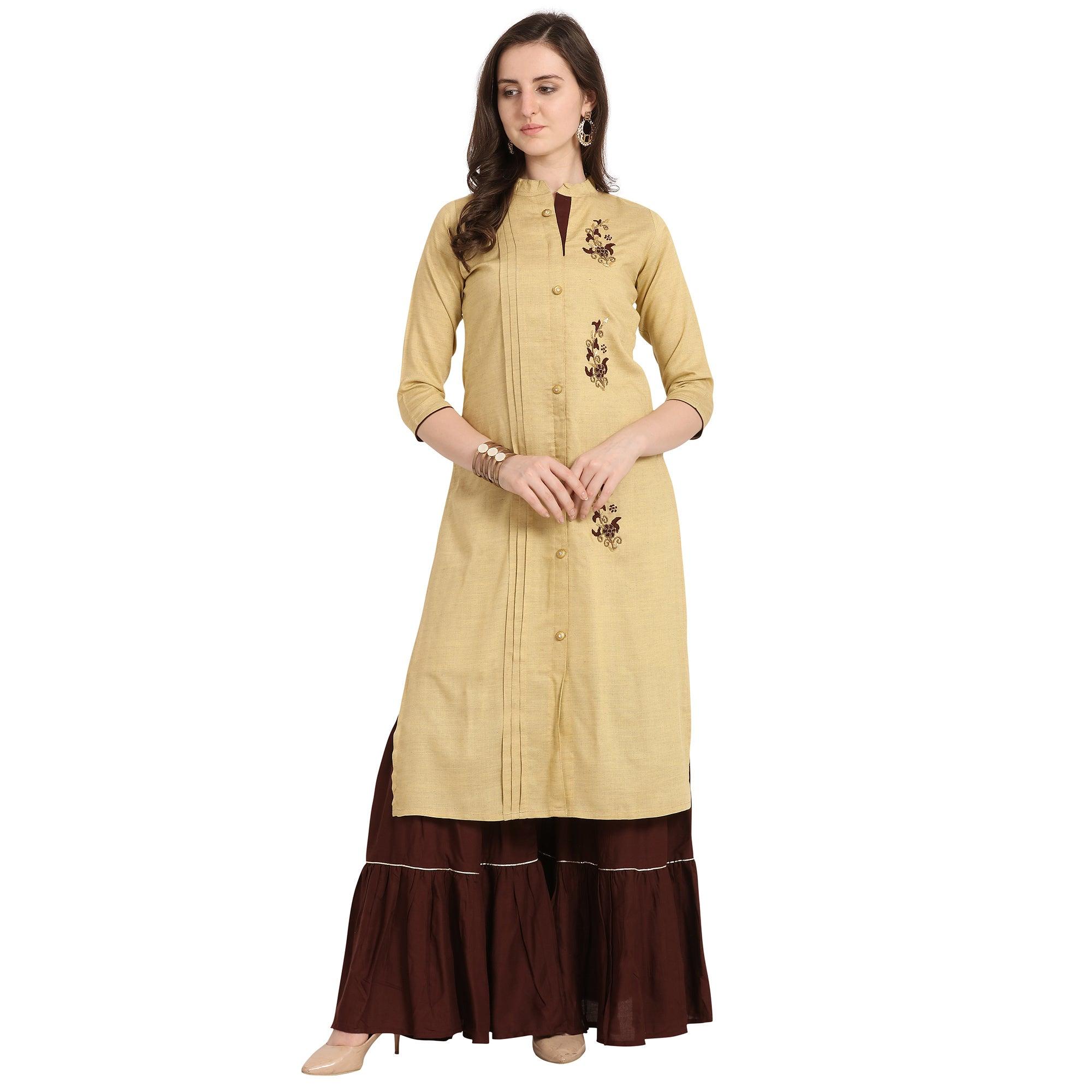 Opulent Beige Colored Party Wear Khatli Work Rayon Kurti-Sharara Set - Peachmode