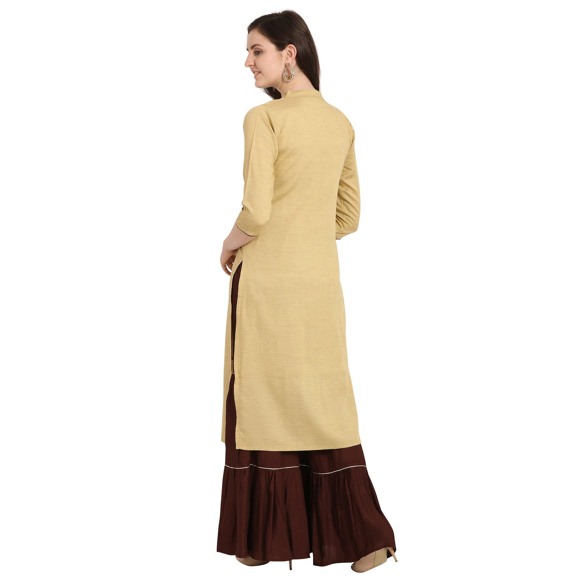 Opulent Beige Colored Party Wear Khatli Work Rayon Kurti-Sharara Set - Peachmode