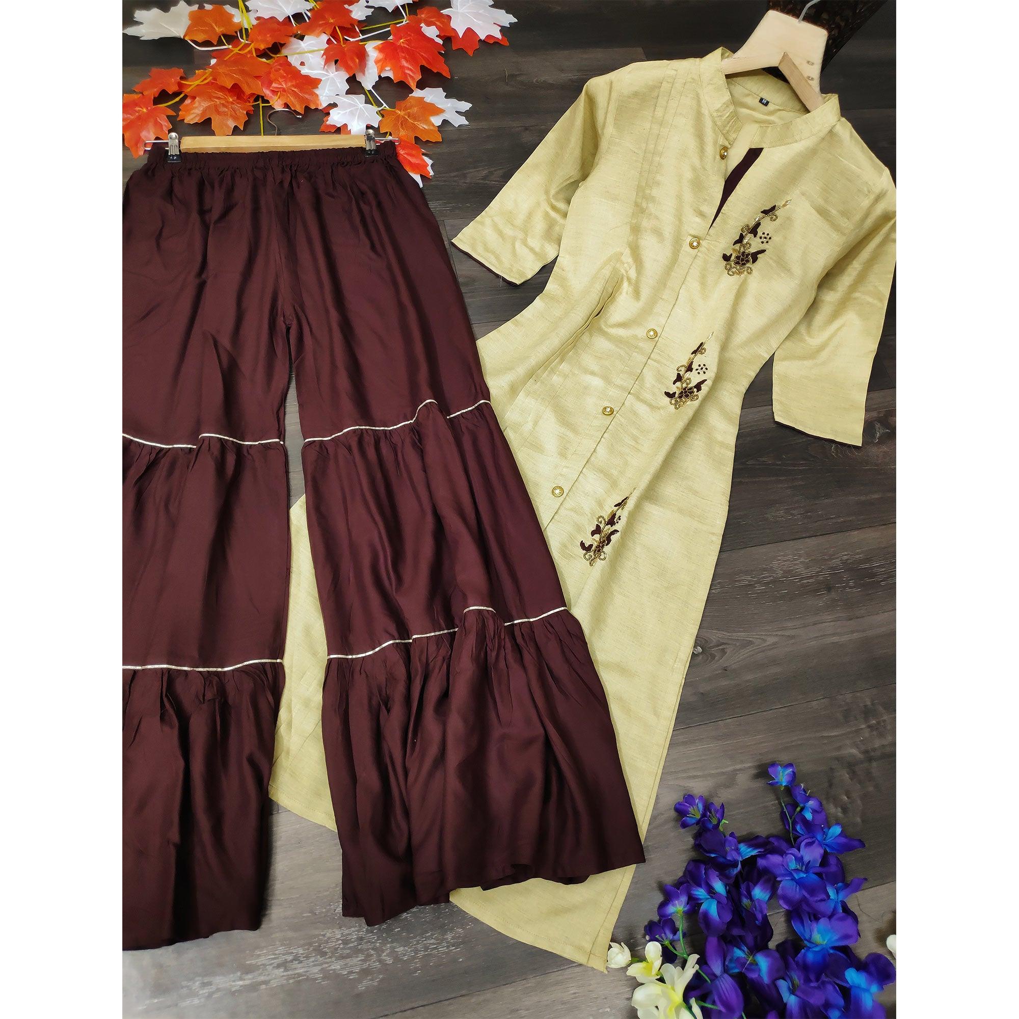 Opulent Beige Colored Party Wear Khatli Work Rayon Kurti-Sharara Set - Peachmode