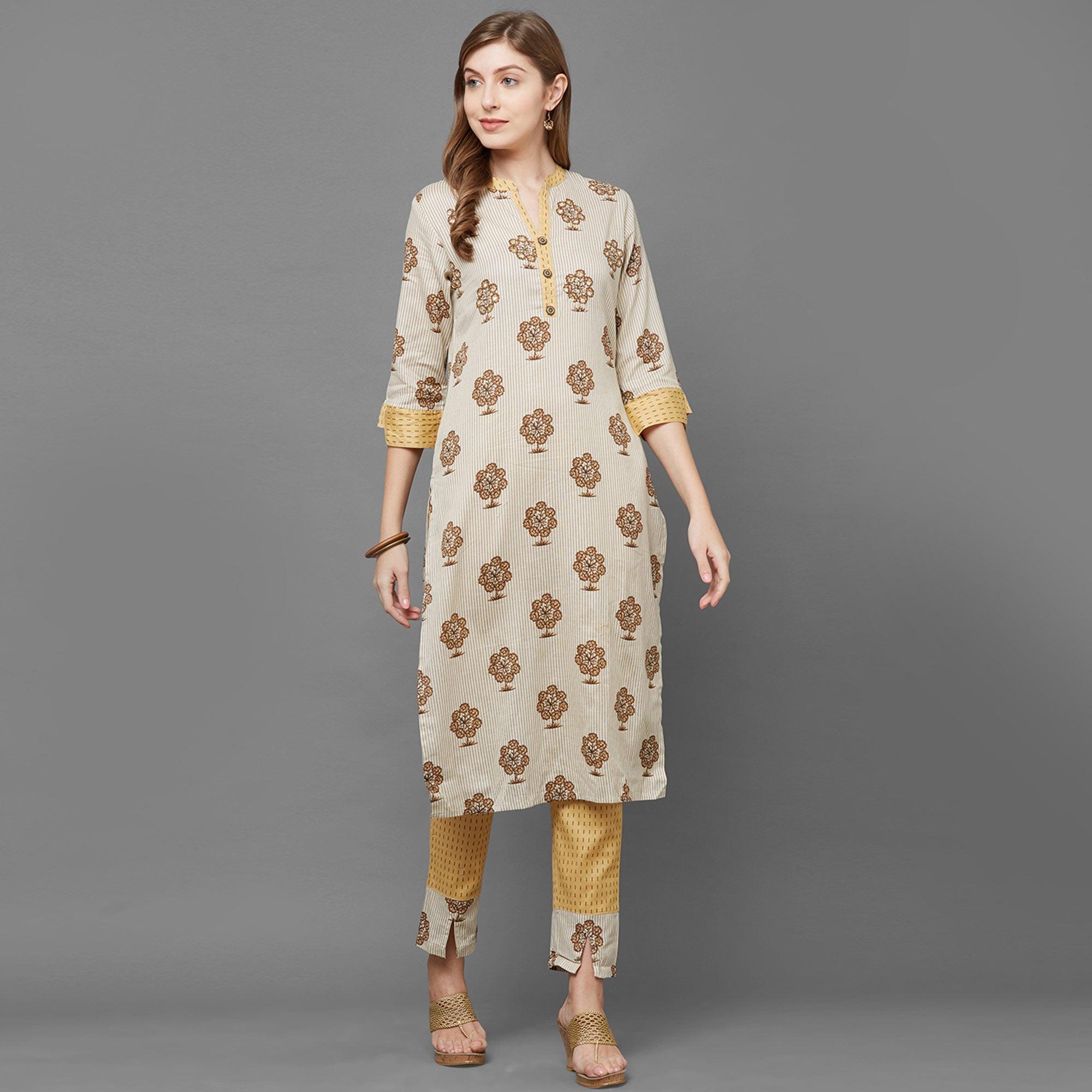 Opulent Beige-Yellow Colored Casual Printed Kurti-Pant Set - Peachmode