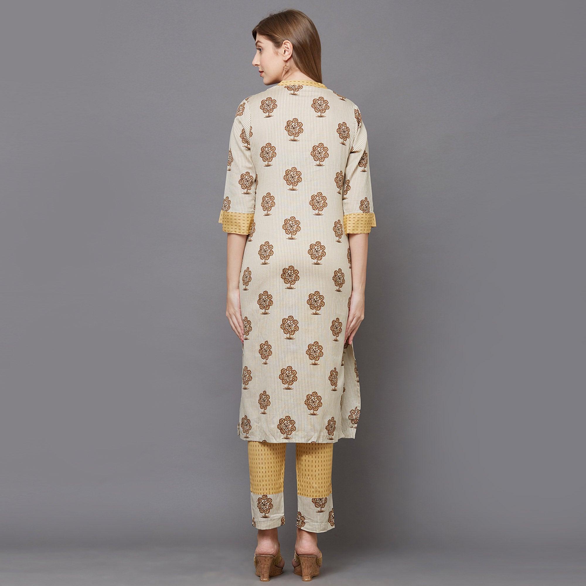 Opulent Beige-Yellow Colored Casual Printed Kurti-Pant Set - Peachmode