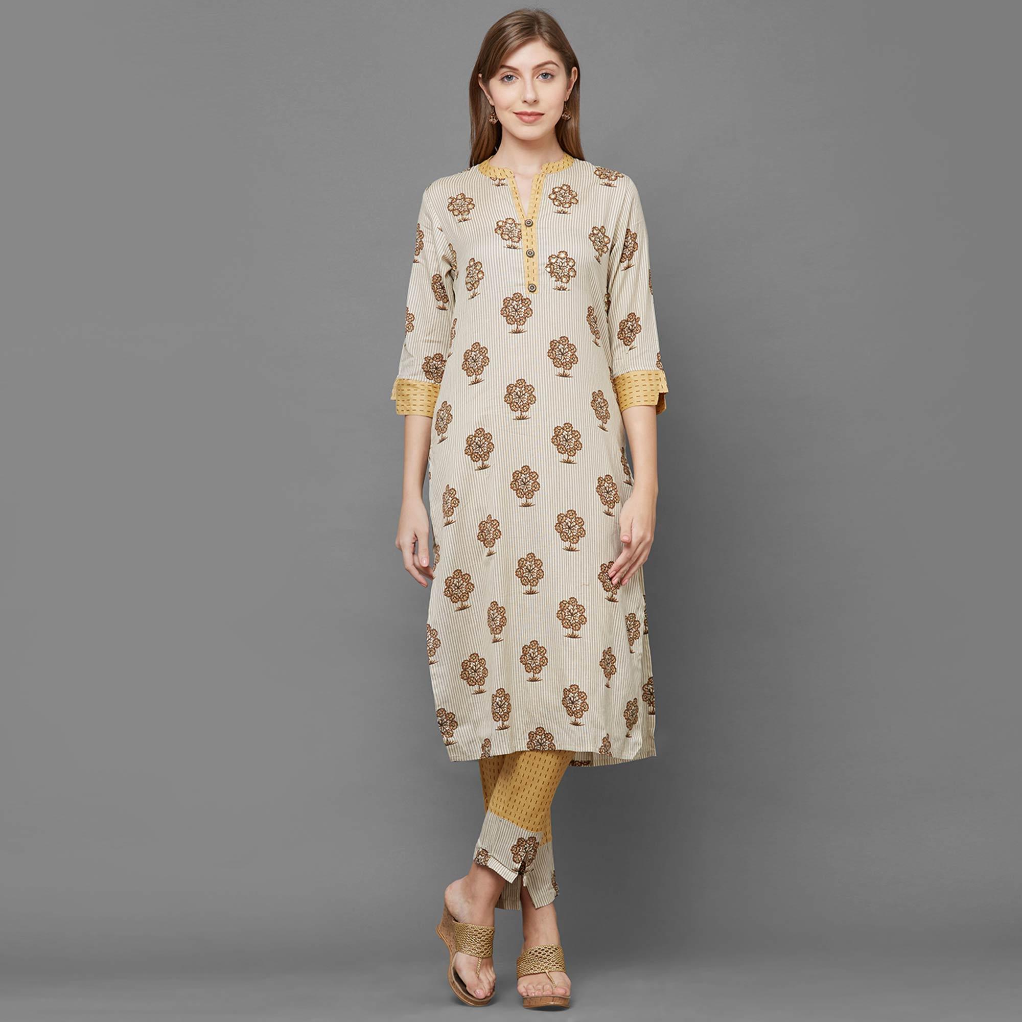 Opulent Beige-Yellow Colored Casual Printed Kurti-Pant Set - Peachmode