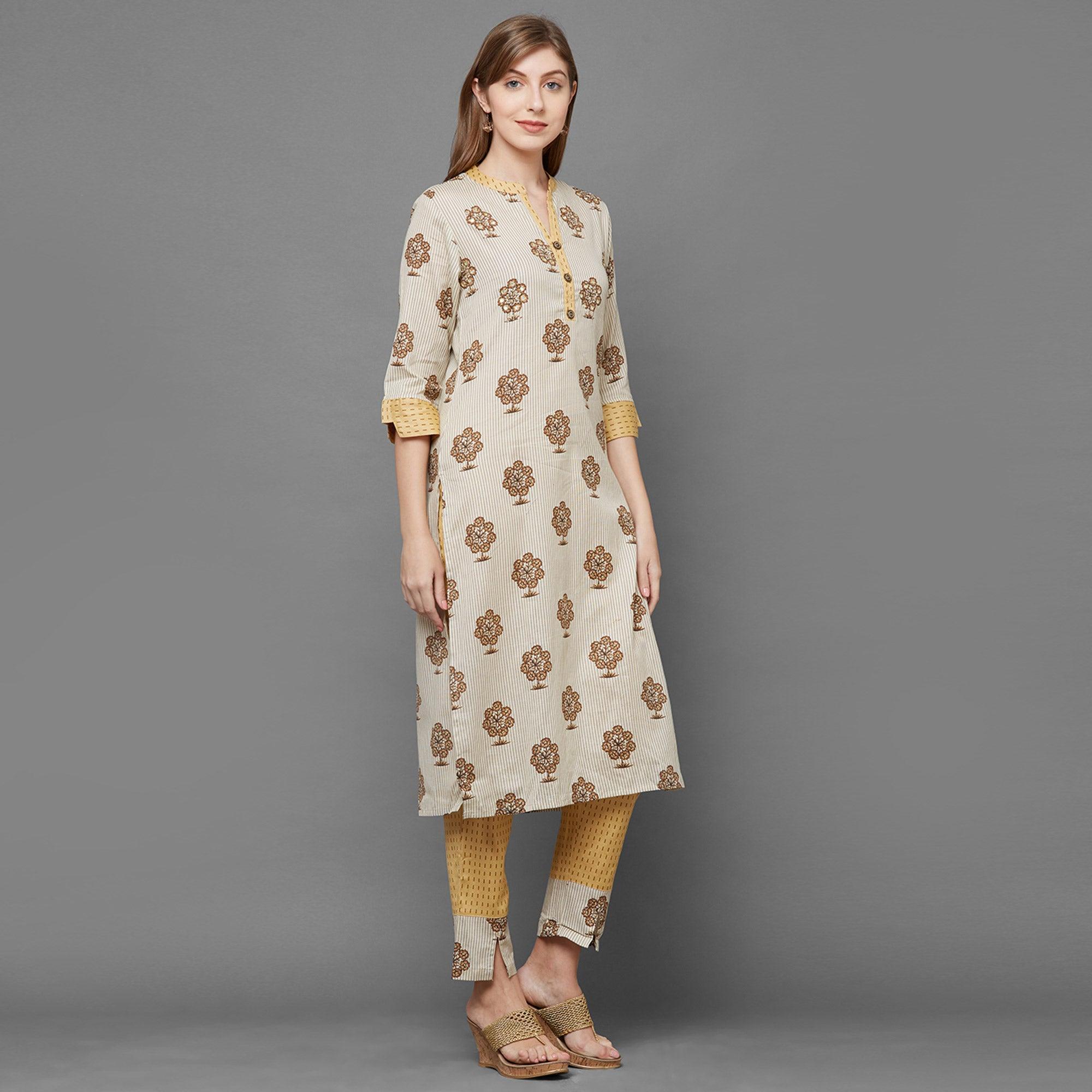 Opulent Beige-Yellow Colored Casual Printed Kurti-Pant Set - Peachmode