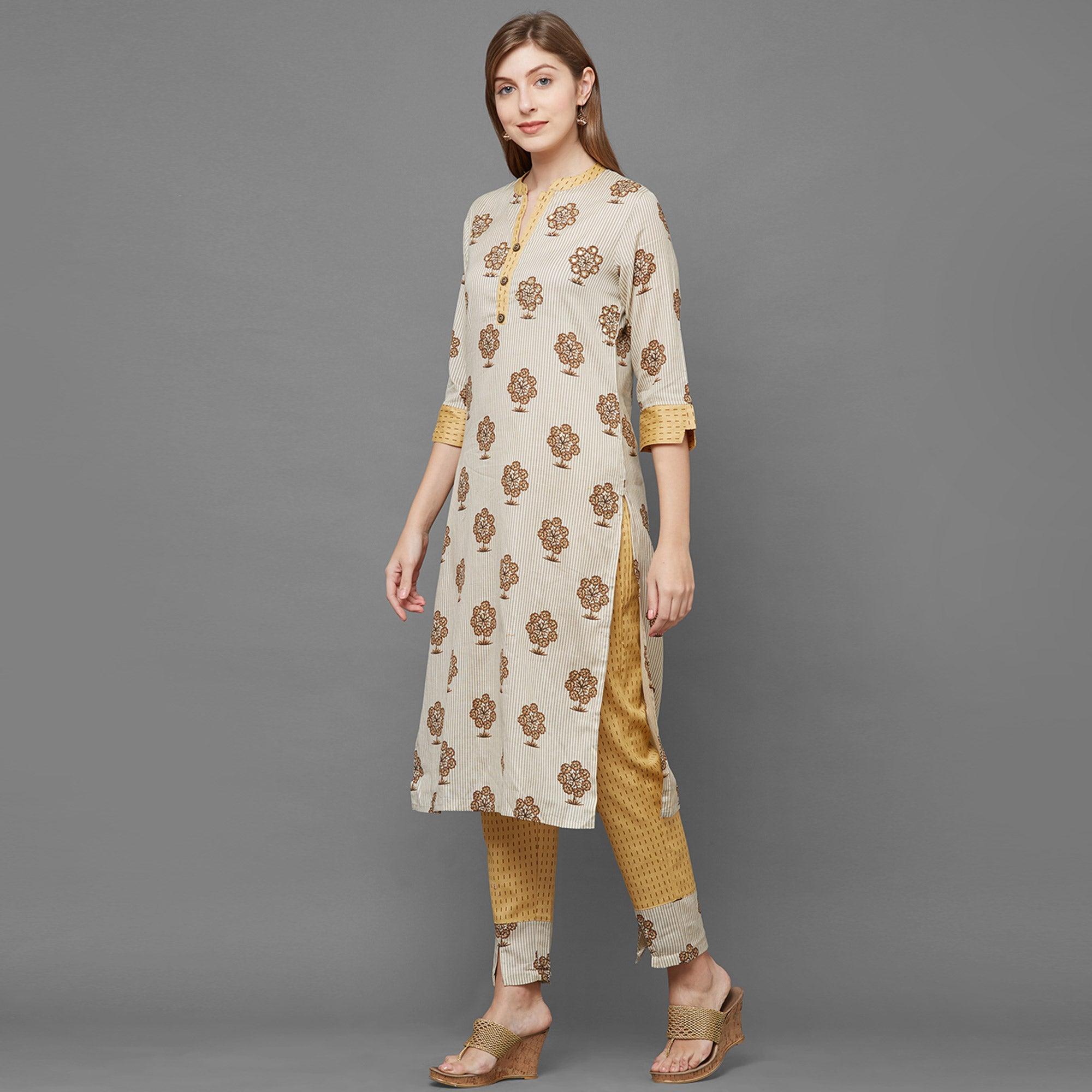 Opulent Beige-Yellow Colored Casual Printed Kurti-Pant Set - Peachmode