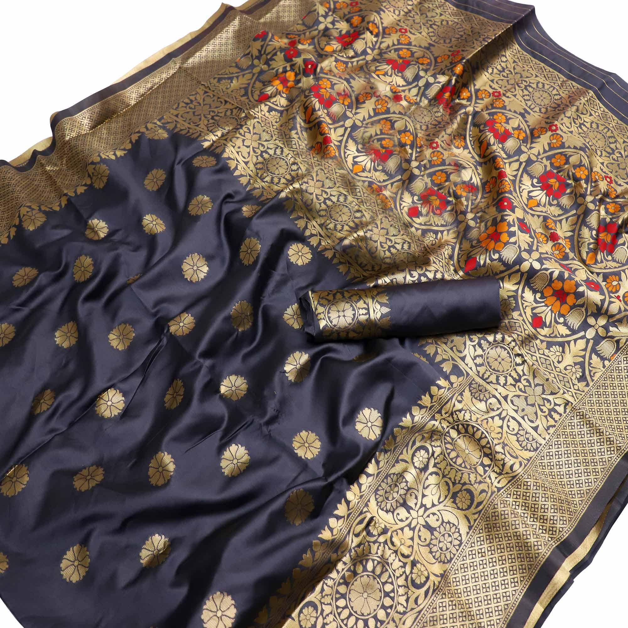 Opulent Black Colored Festive Wear Woven Banarasi Silk Saree - Peachmode