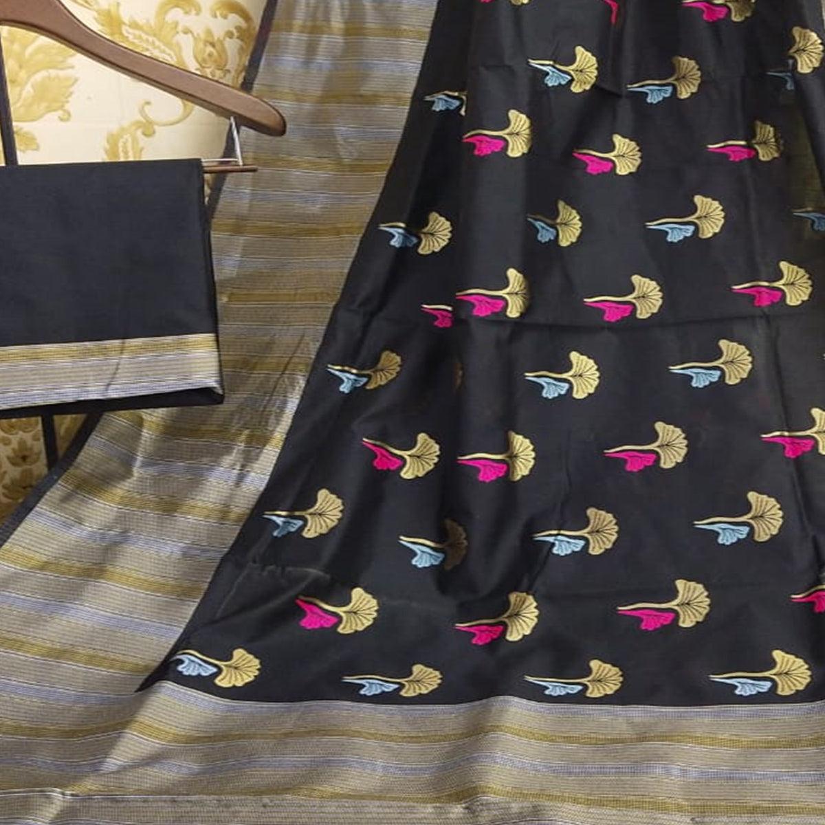 Opulent Black Colored Festive Wear Woven Soft Lichi Silk Saree - Peachmode