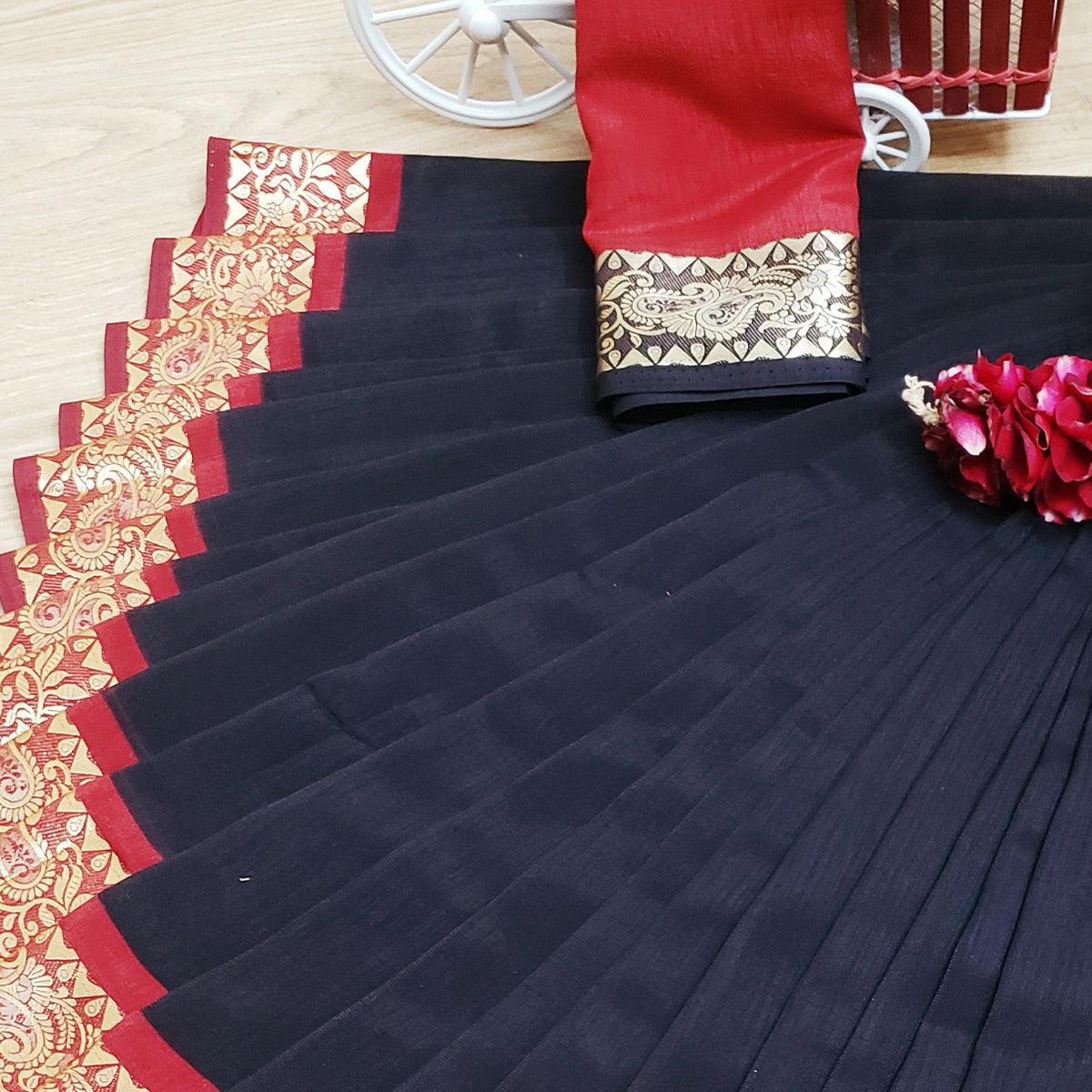 Opulent Black Colored Festive Wear Woven Soft Vichitra Silk Saree - Peachmode