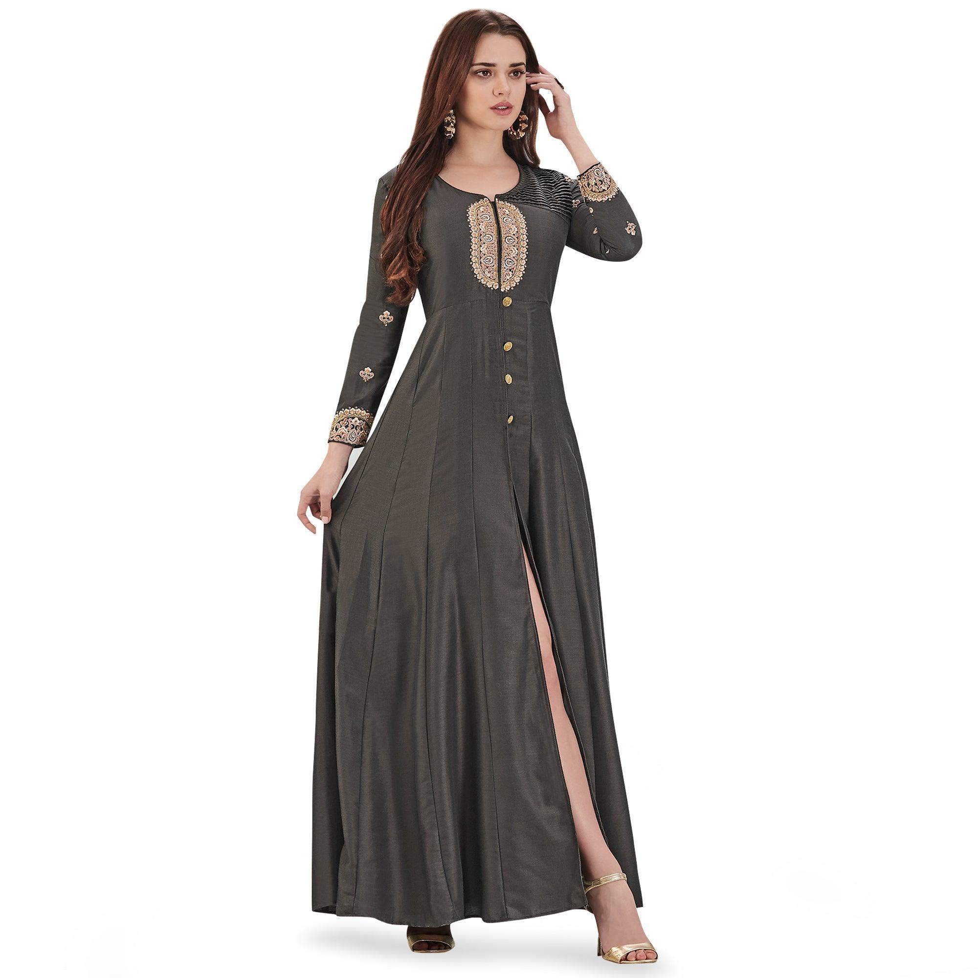 Opulent Blackish Gray Colored Party Wear Embroidered Cotton Silk Gown - Peachmode