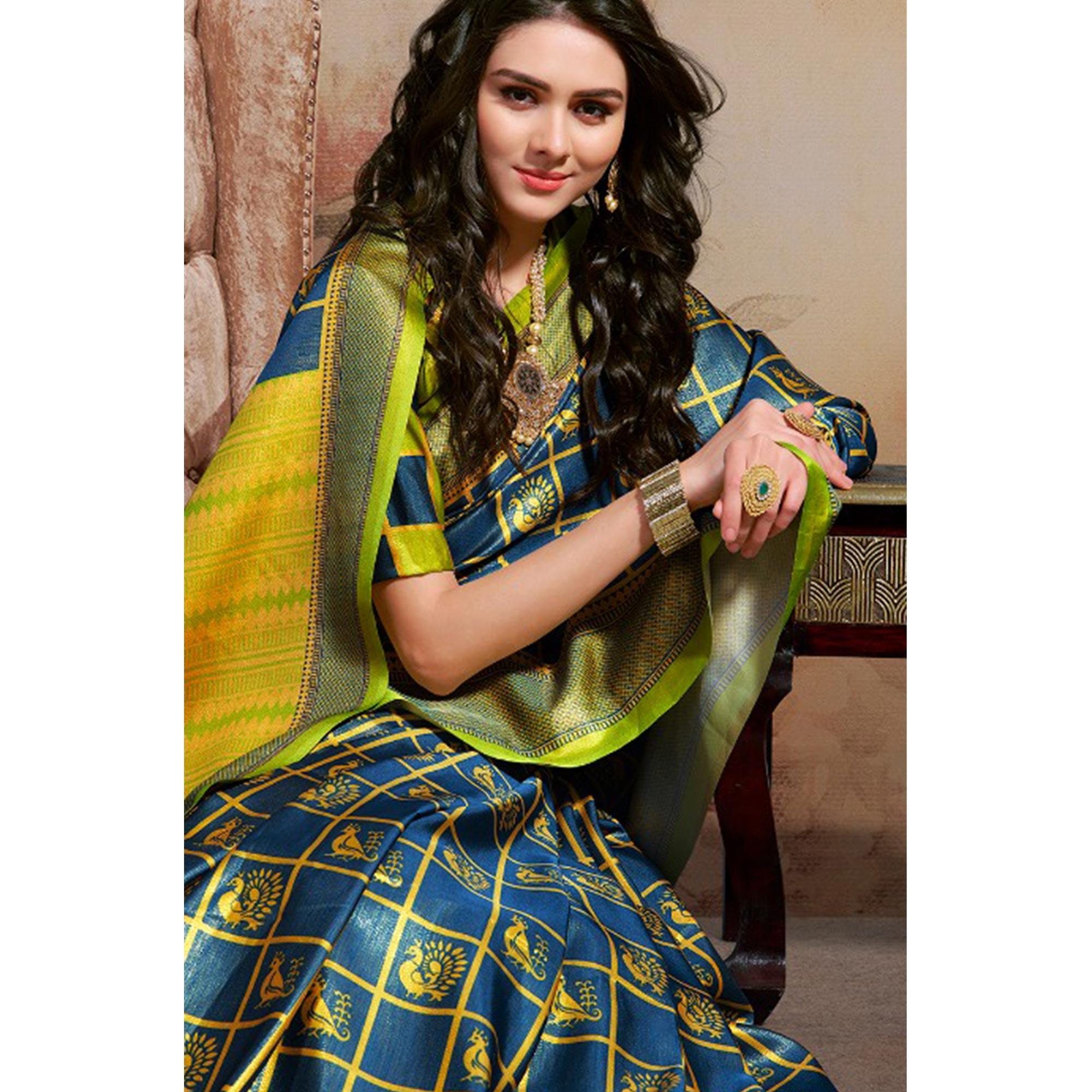 Opulent Blue Colored Festive Wear Printed Silk Blend Saree With Tassels - Peachmode