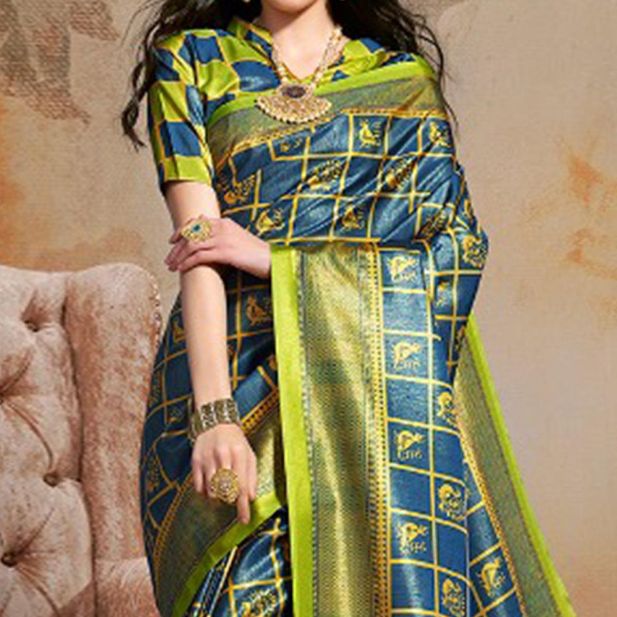 Opulent Blue Colored Festive Wear Printed Silk Blend Saree With Tassels - Peachmode