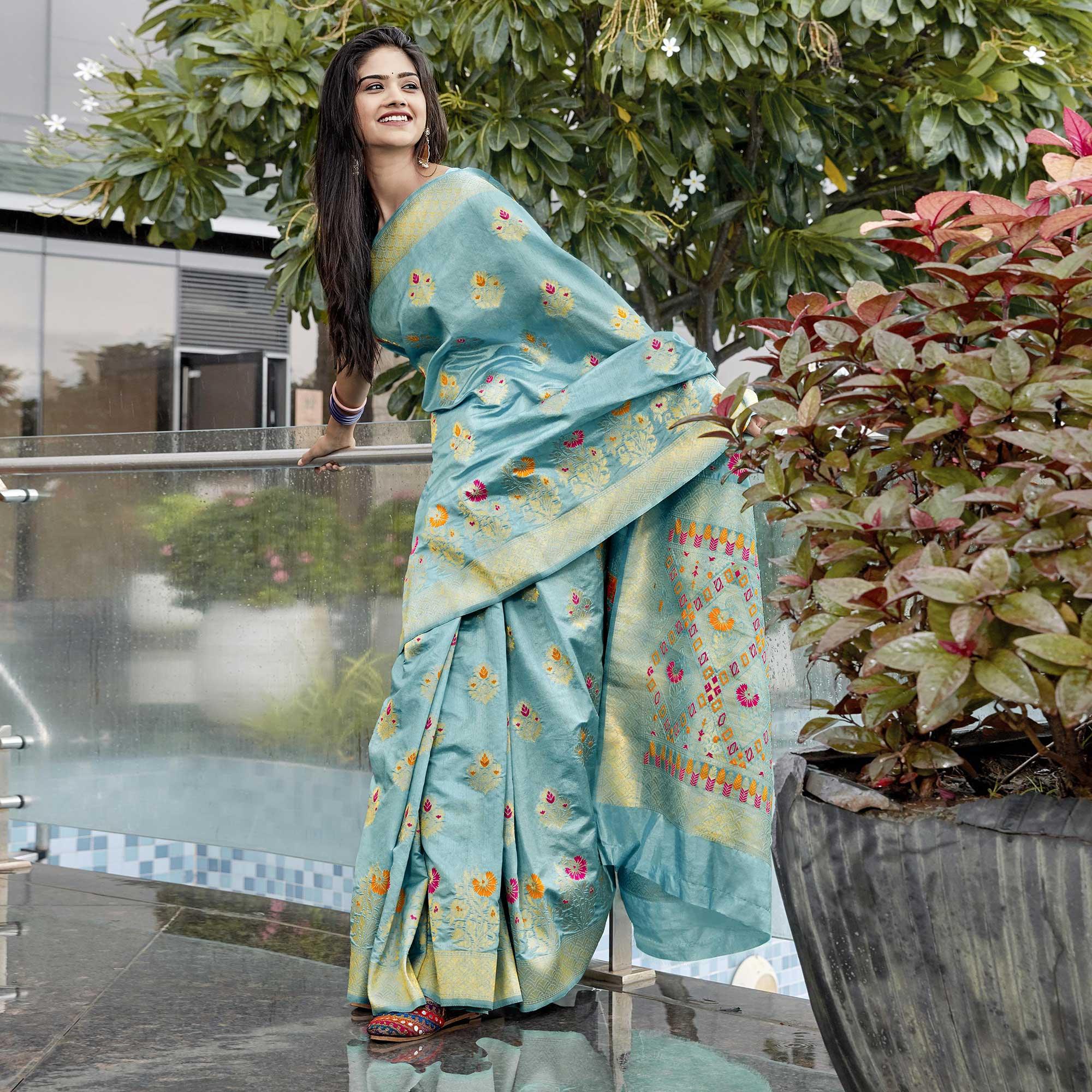 Opulent Blue Colored Festive Wear Woven Silk Saree - Peachmode