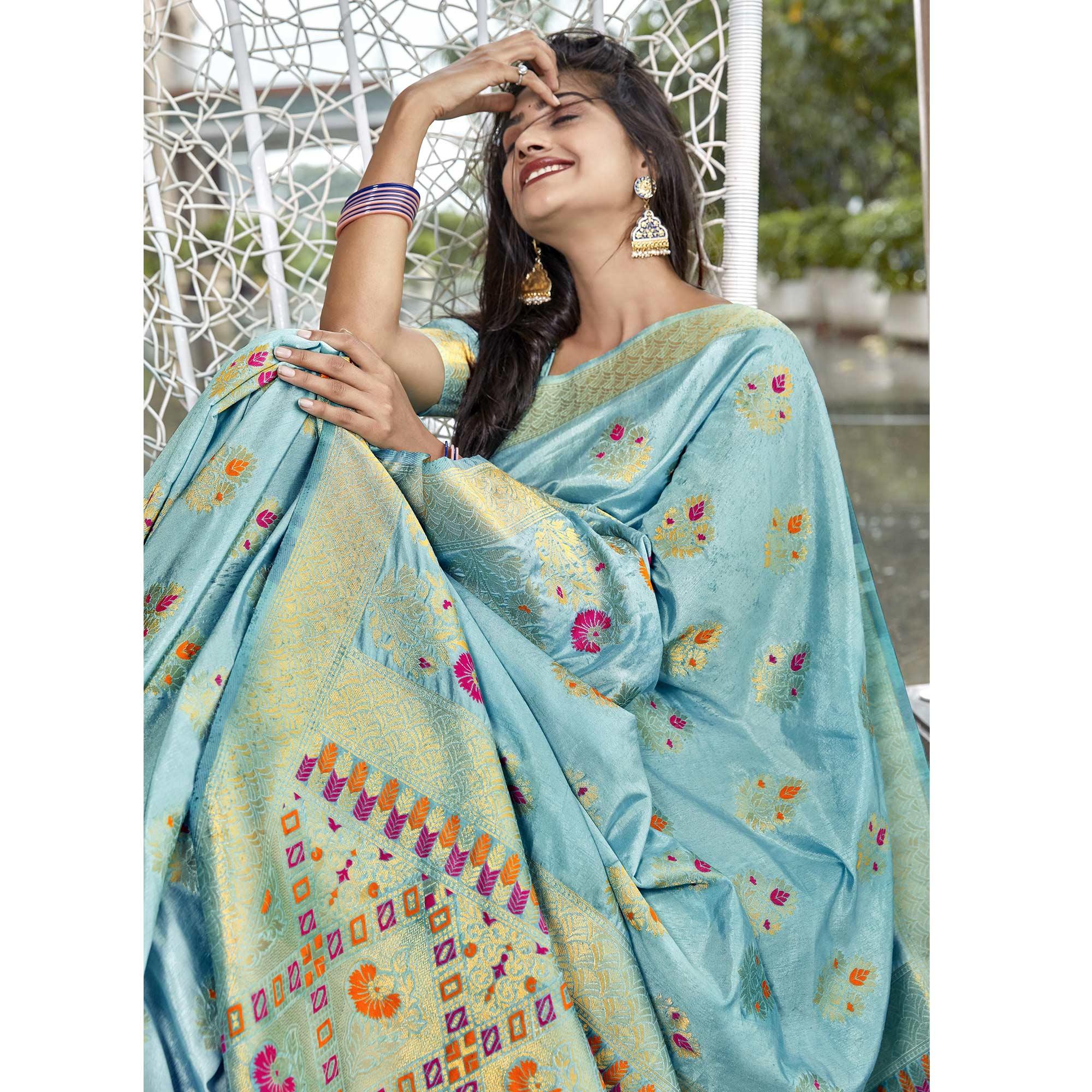 Opulent Blue Colored Festive Wear Woven Silk Saree - Peachmode