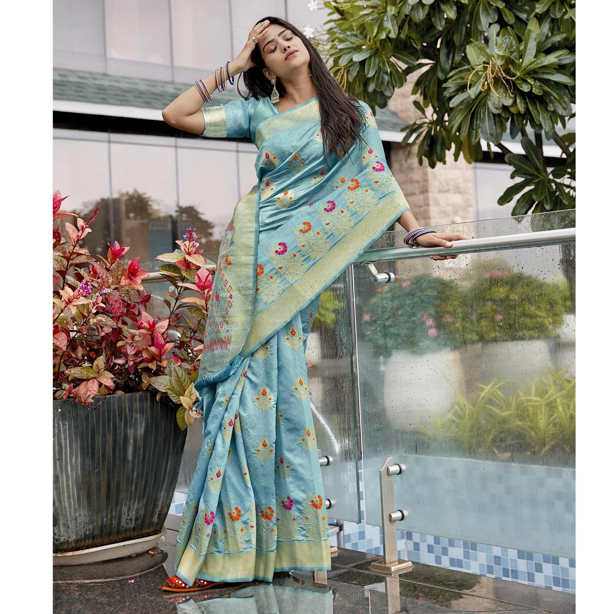 Opulent Blue Colored Festive Wear Woven Silk Saree - Peachmode