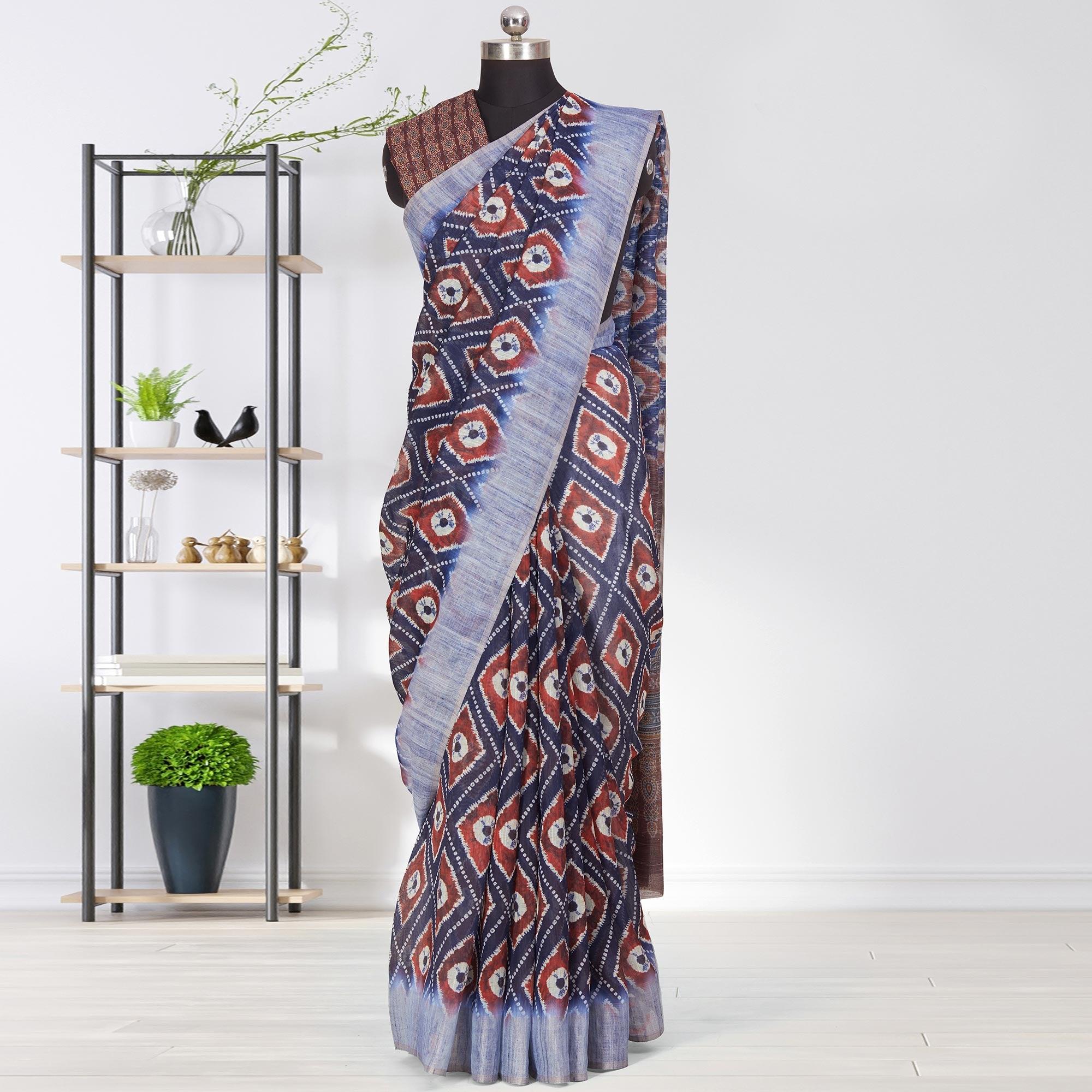 Opulent Blue Coloured Casual Wear Printed Linen Saree - Peachmode