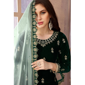 Opulent Bottle Green Colored Partywear Embroidered Velvet Patiala Suit - Peachmode