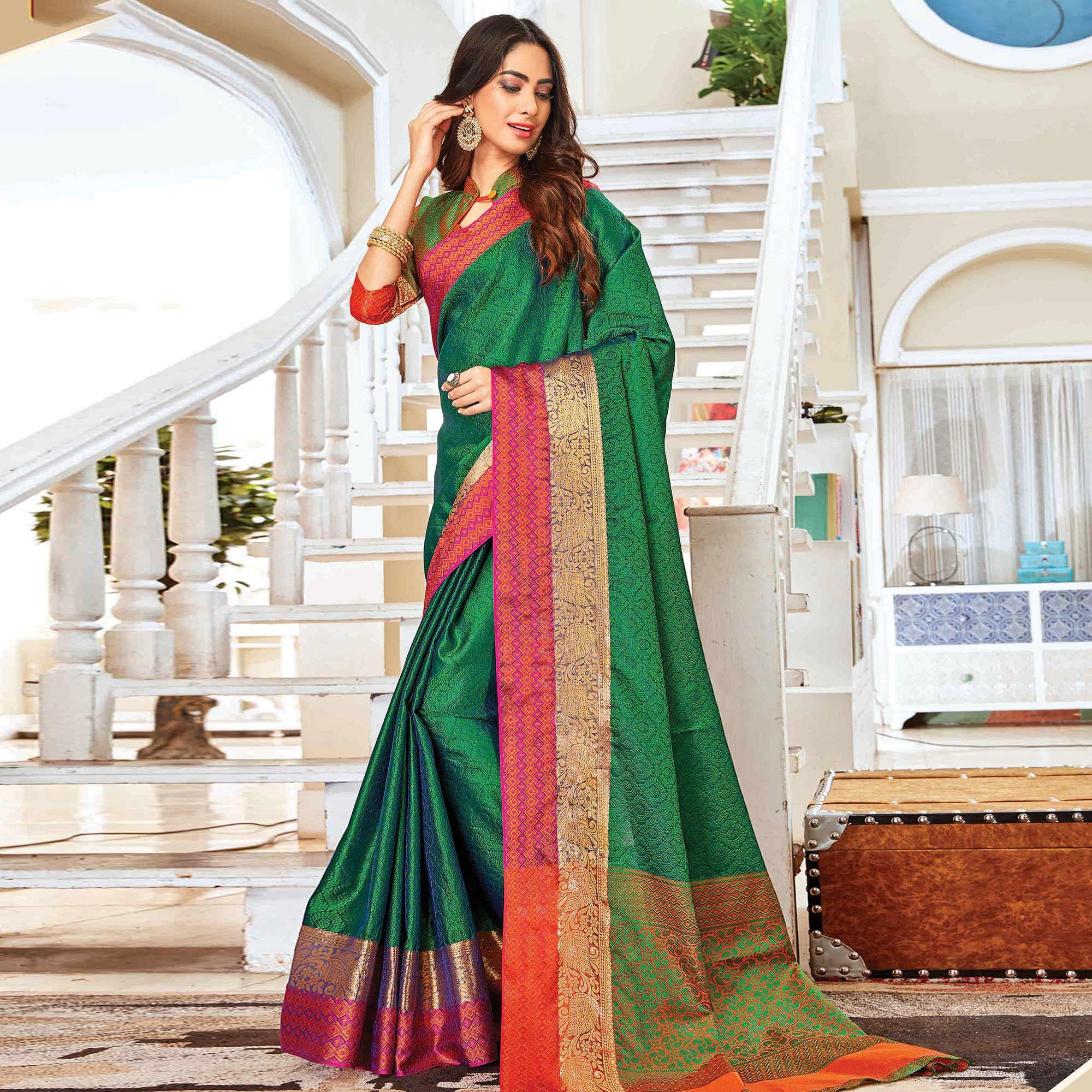 Opulent Dark Green Colored Festive Wear Woven Handloom Silk Saree - Peachmode