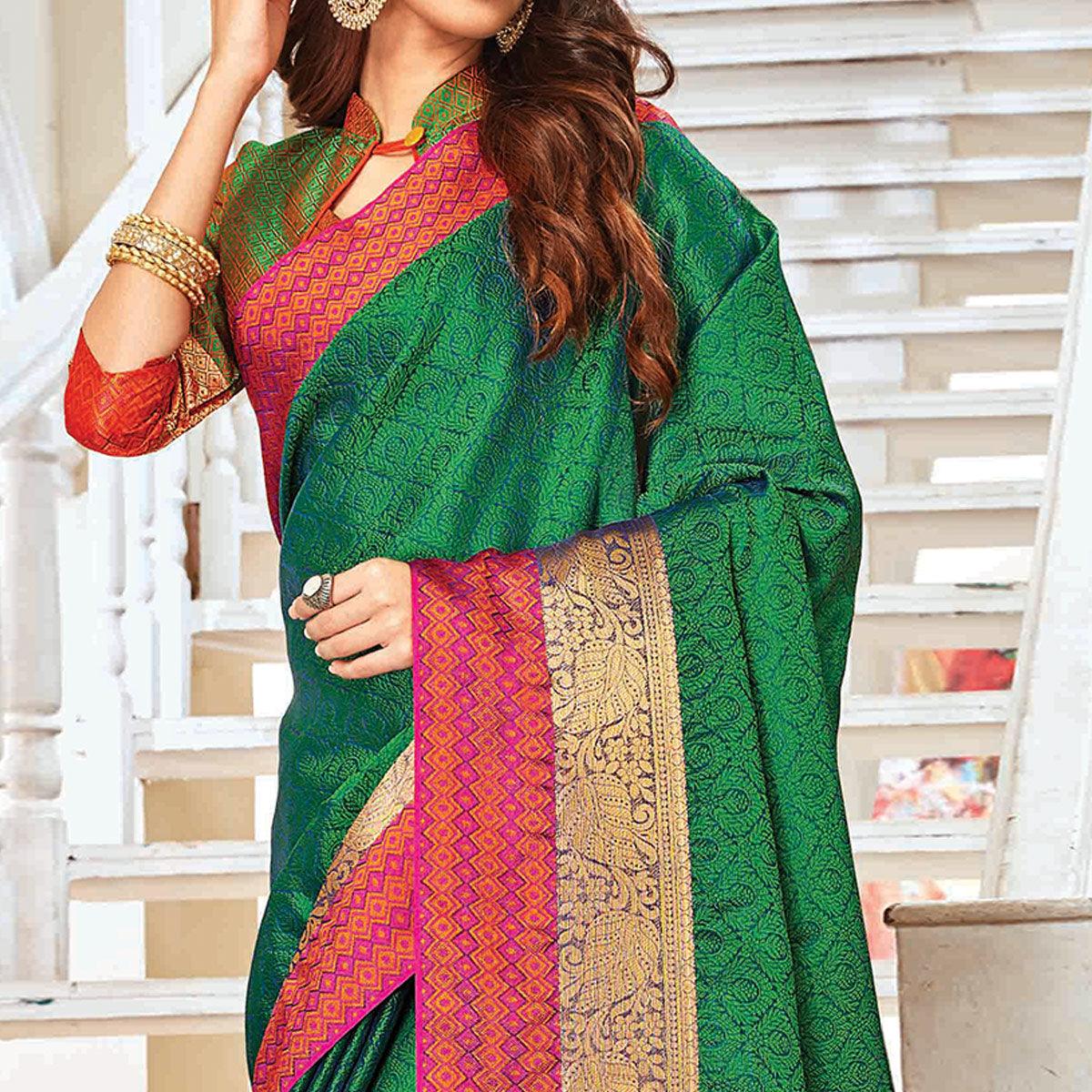 Opulent Dark Green Colored Festive Wear Woven Handloom Silk Saree - Peachmode