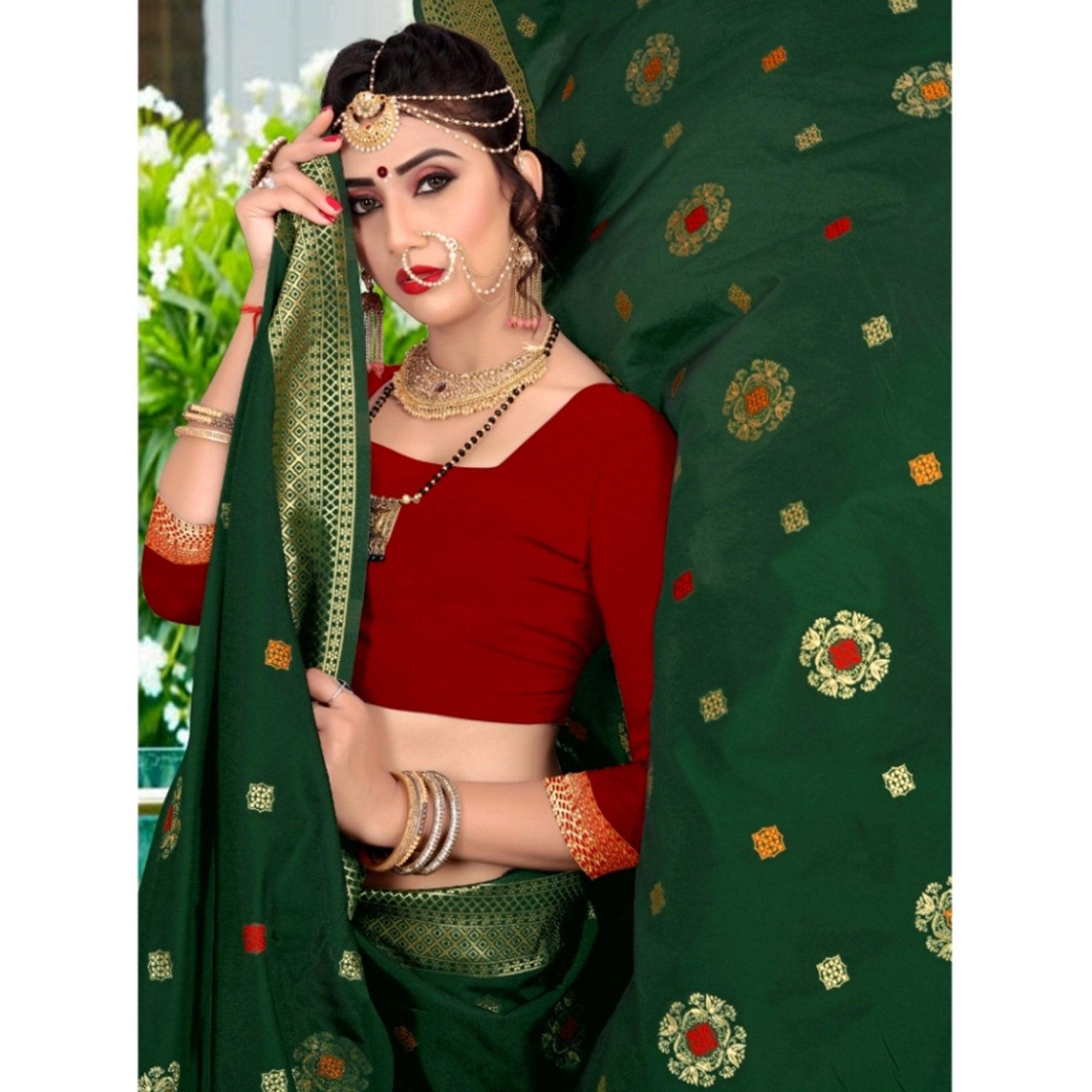 Opulent Dark Green Colored Festive Wear Woven Lichi Silk Saree - Peachmode