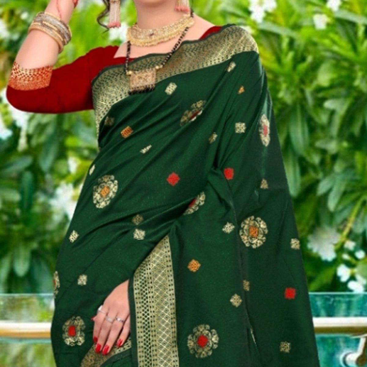 Opulent Dark Green Colored Festive Wear Woven Lichi Silk Saree - Peachmode