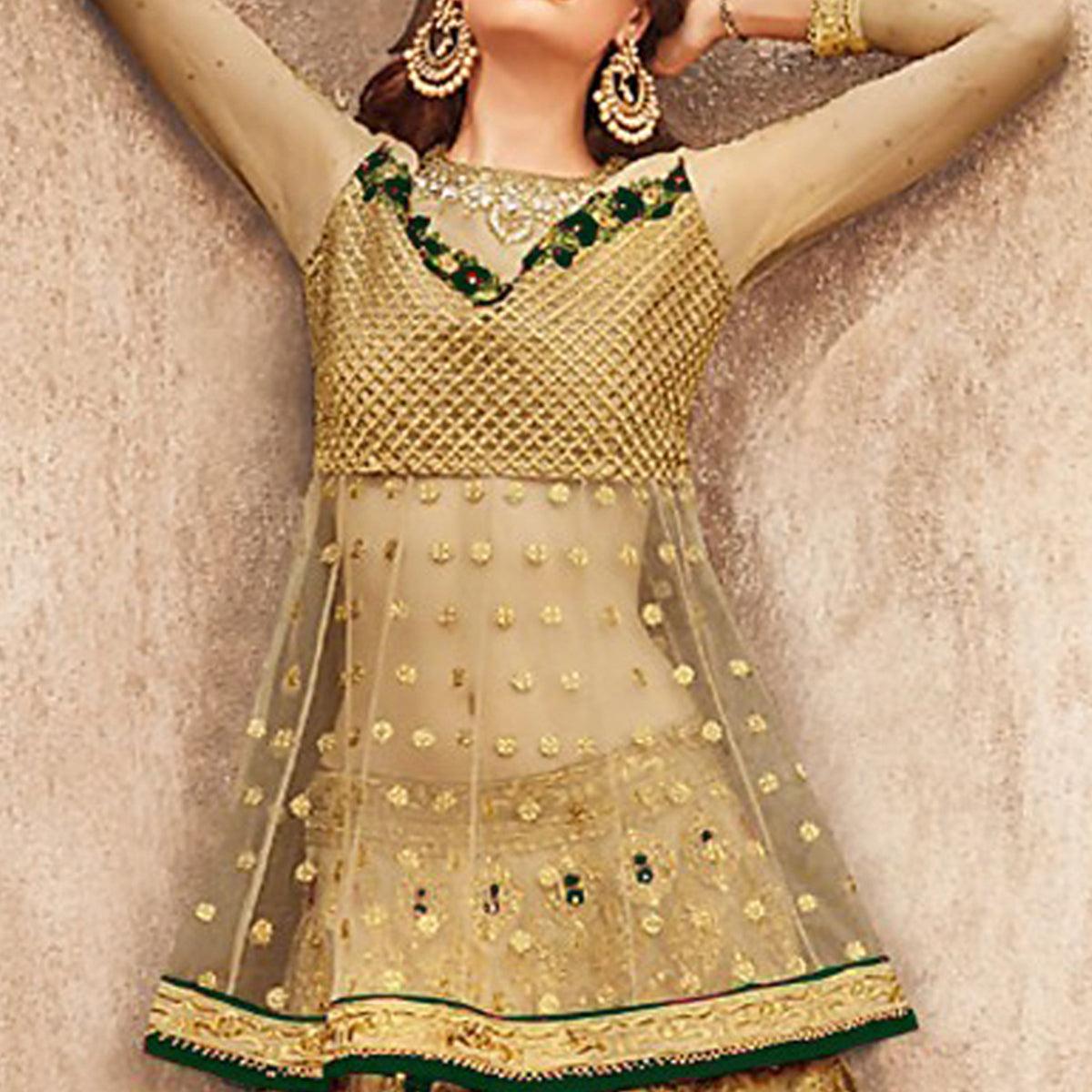 Opulent Golden-Green Colored Party Wear Embroidered Net Lehenga Choli - Peachmode