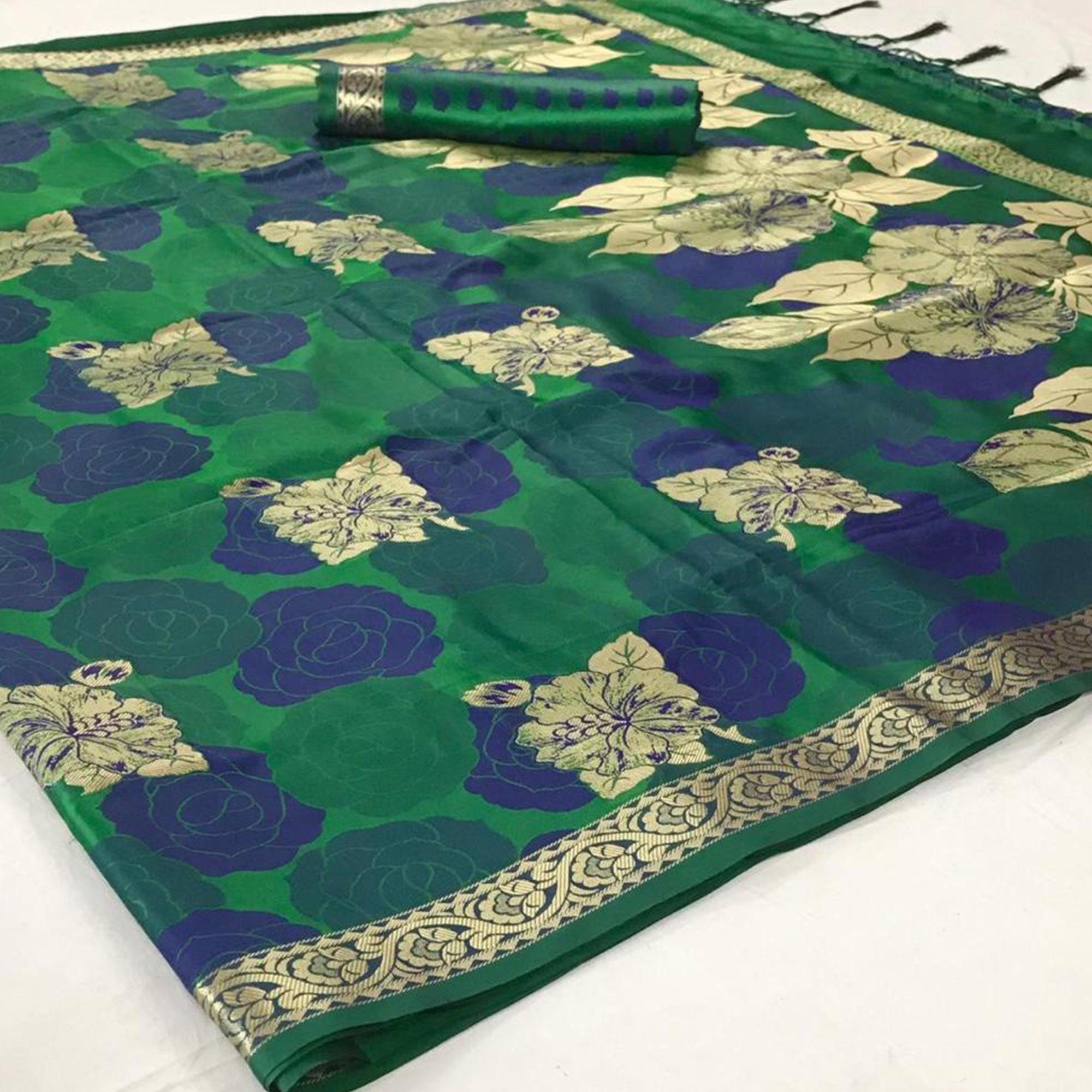Opulent Green - Blue Colored Festive Wear Woven Pure Satin Silk Saree - Peachmode