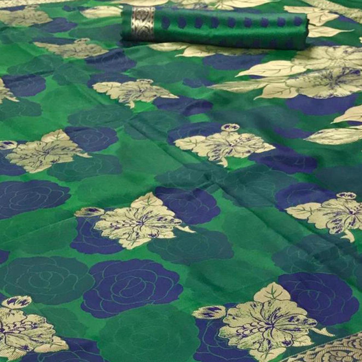 Opulent Green - Blue Colored Festive Wear Woven Pure Satin Silk Saree - Peachmode