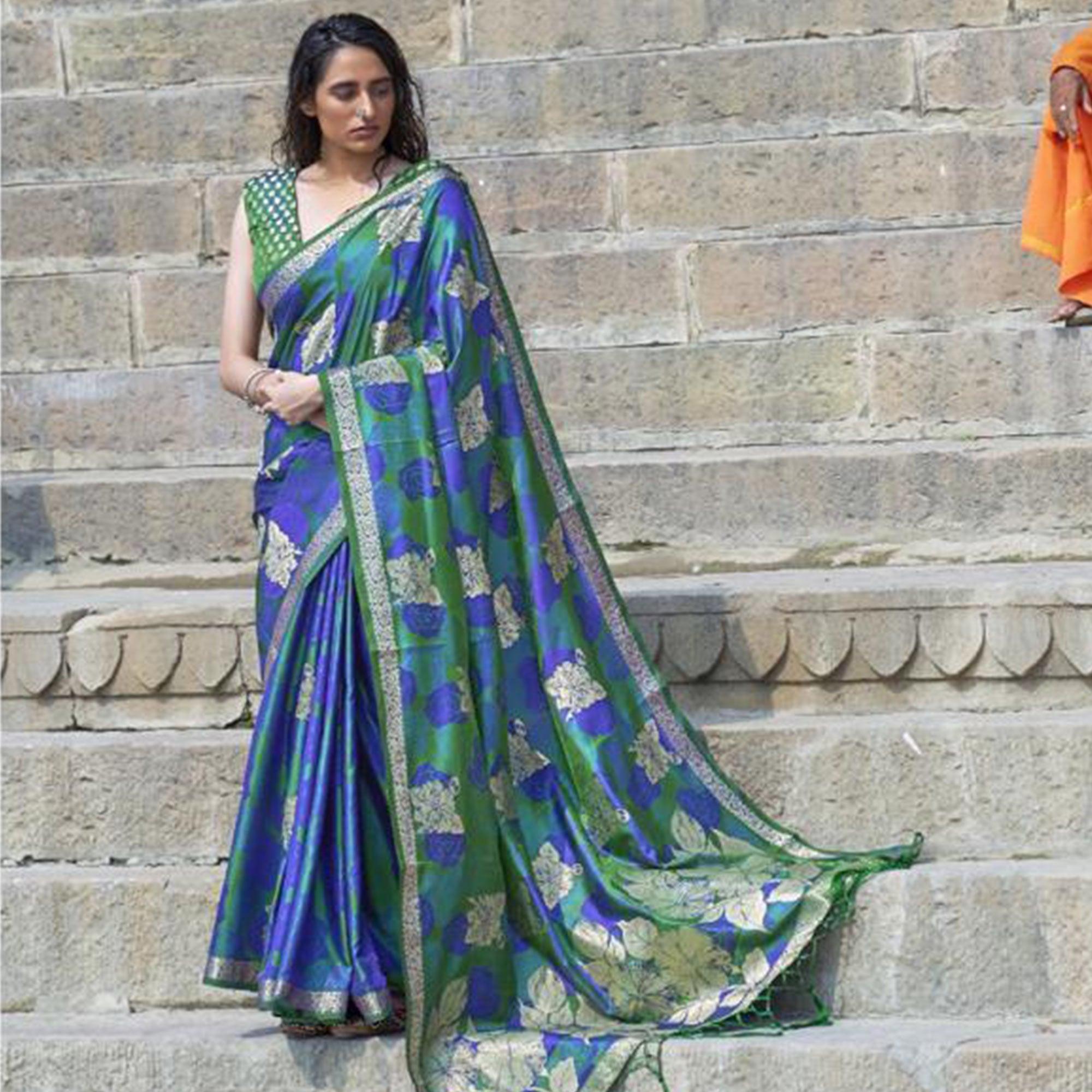 Opulent Green - Blue Colored Festive Wear Woven Pure Satin Silk Saree - Peachmode