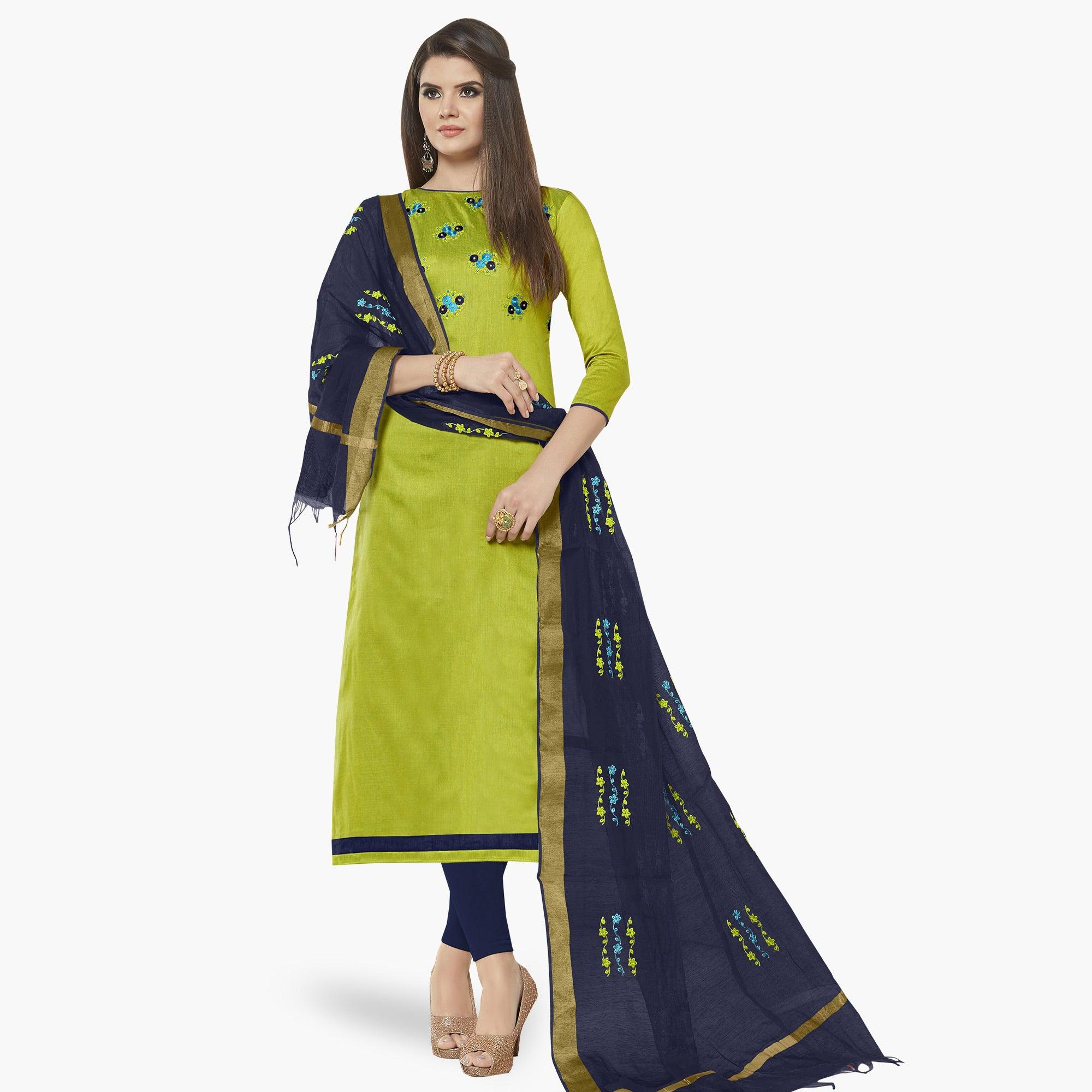 Opulent Green Colored Casual Wear Embroidered Cotton Dress Material - Peachmode