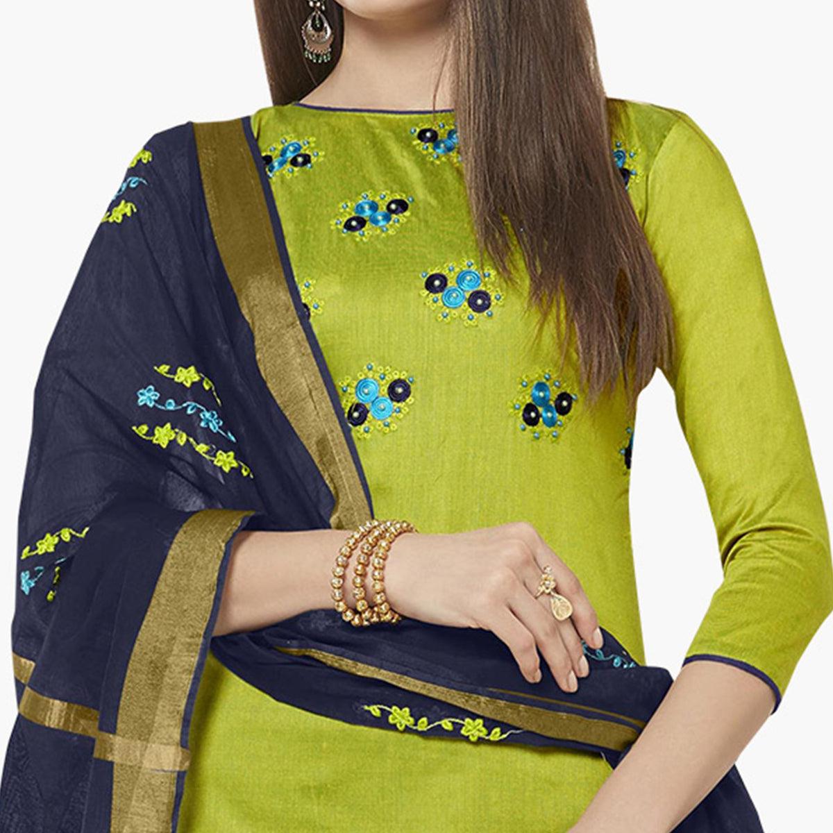 Opulent Green Colored Casual Wear Embroidered Cotton Dress Material - Peachmode