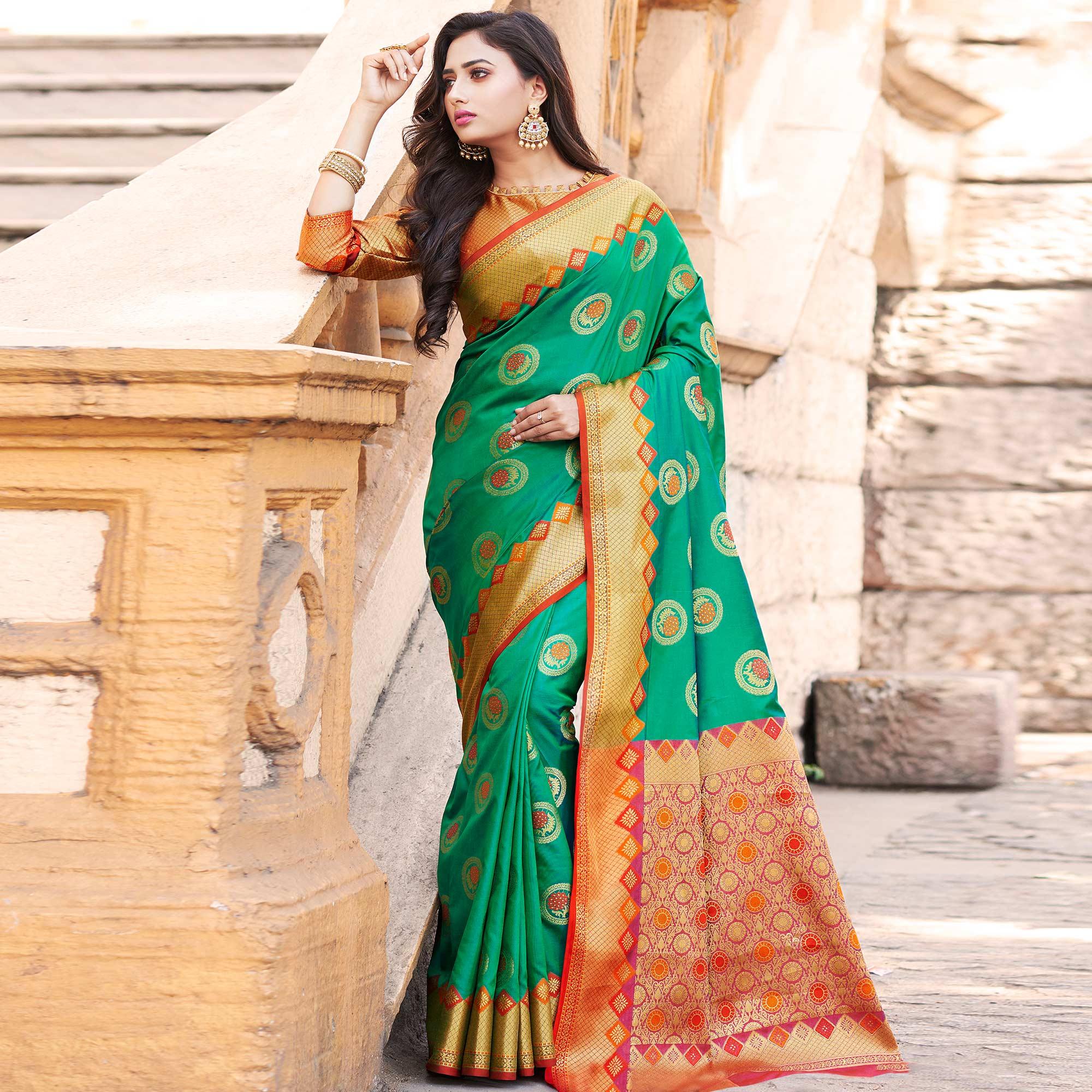 Opulent Green Colored Festive Wear Woven Heavy Banarasi Silk Saree - Peachmode