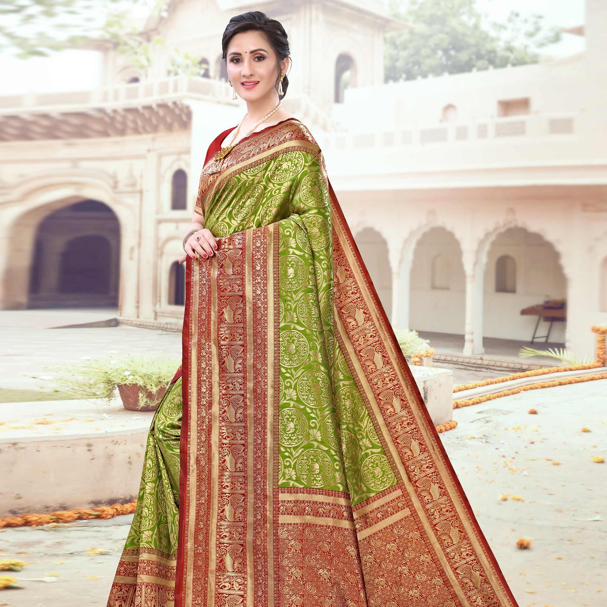 Opulent Green Colored Festive Wear Woven Heavy Banarasi Silk Saree - Peachmode