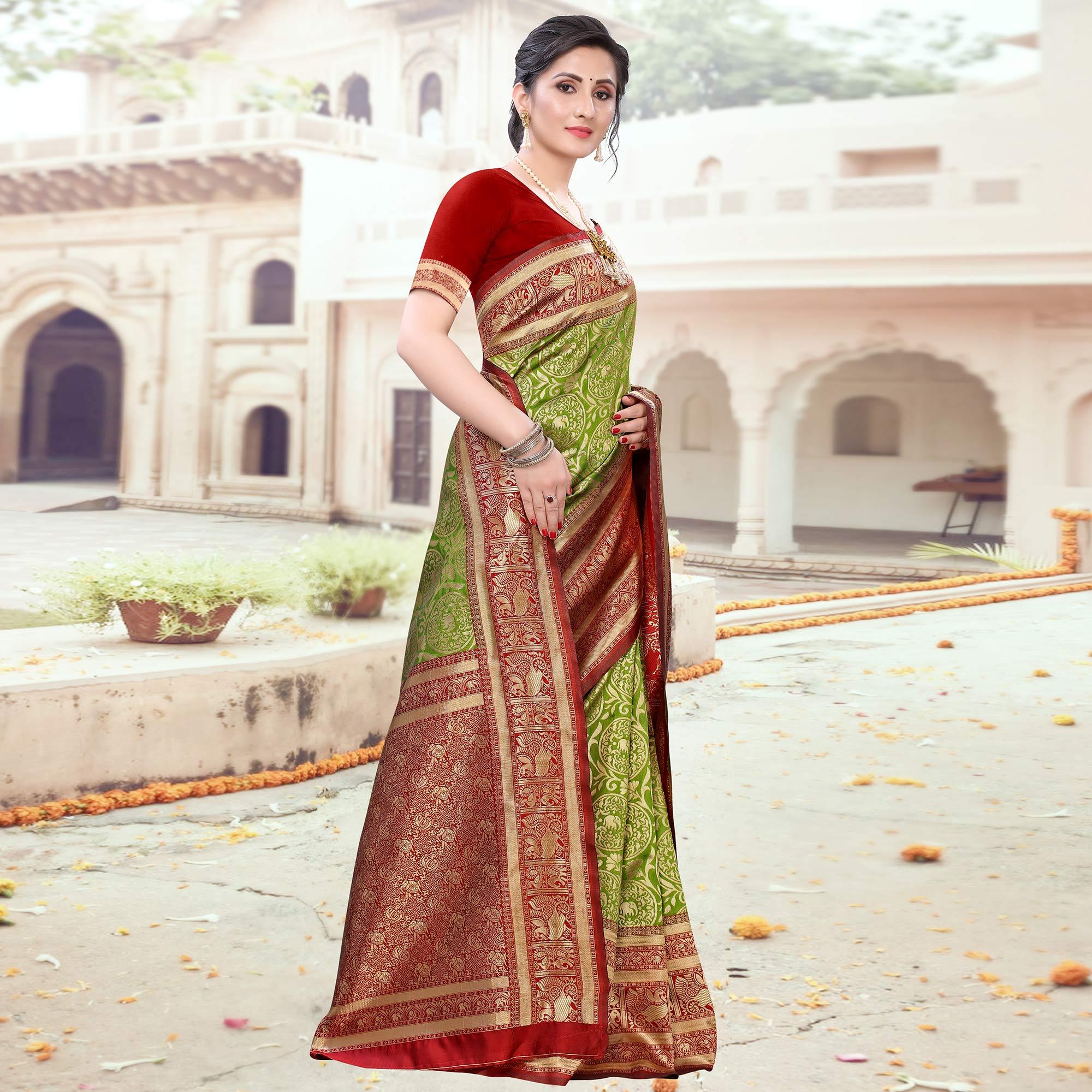 Red And Green Heavy Banarasi Saree|Banarasi Saree Online |Jhakhas