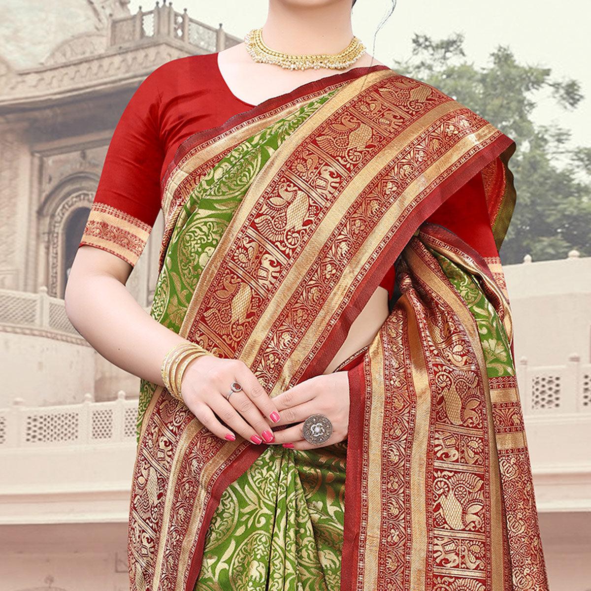 Opulent Green Colored Festive Wear Woven Heavy Banarasi Silk Saree - Peachmode