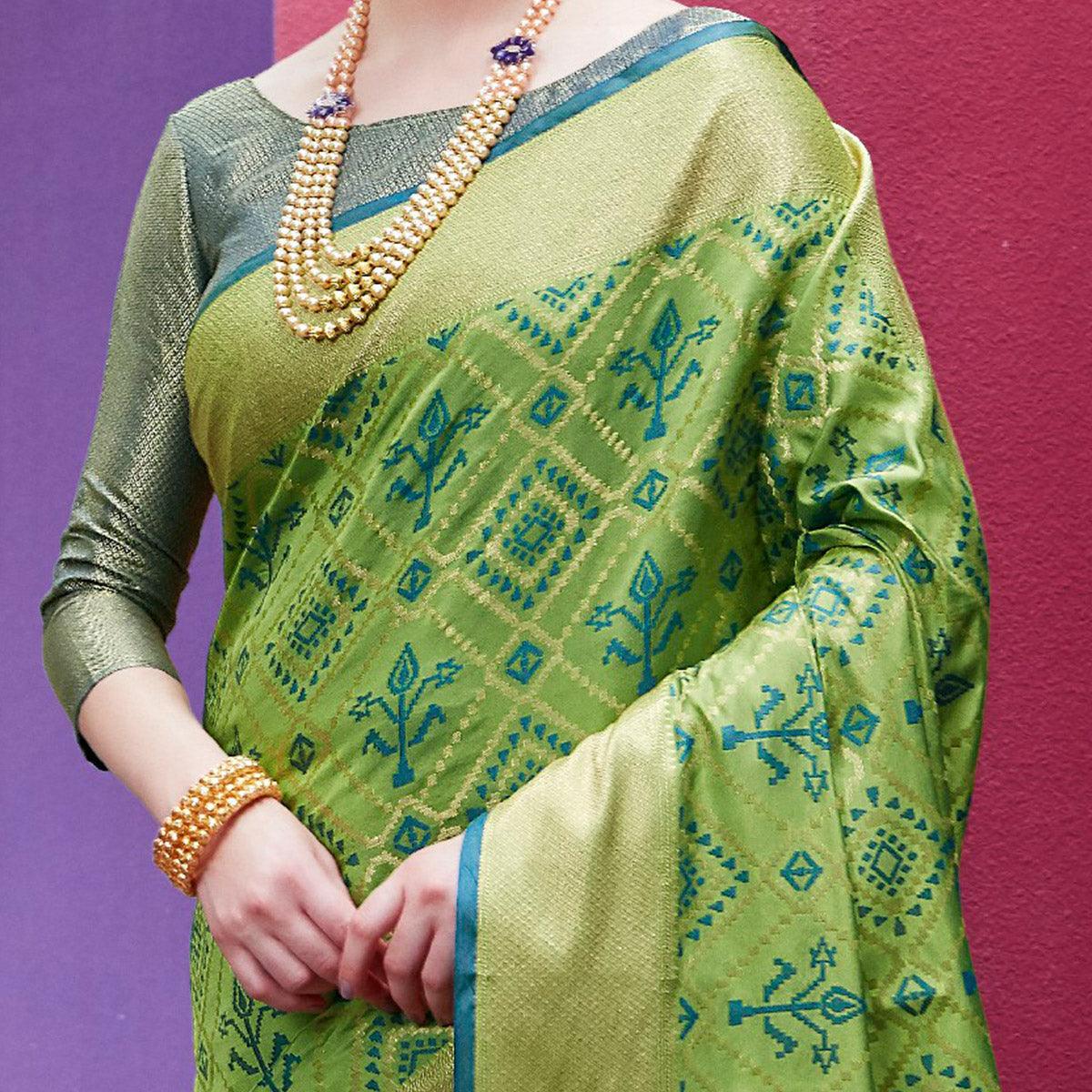 Opulent Green Colored Festive Wear Woven Indian Patola Silk Saree - Peachmode