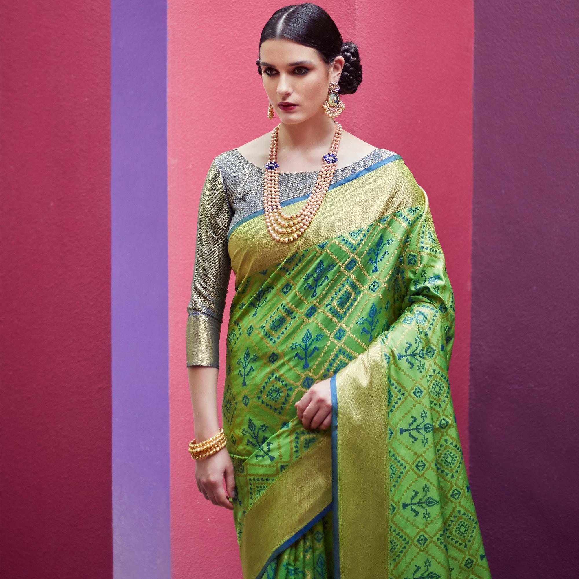 Opulent Green Colored Festive Wear Woven Indian Patola Silk Saree - Peachmode