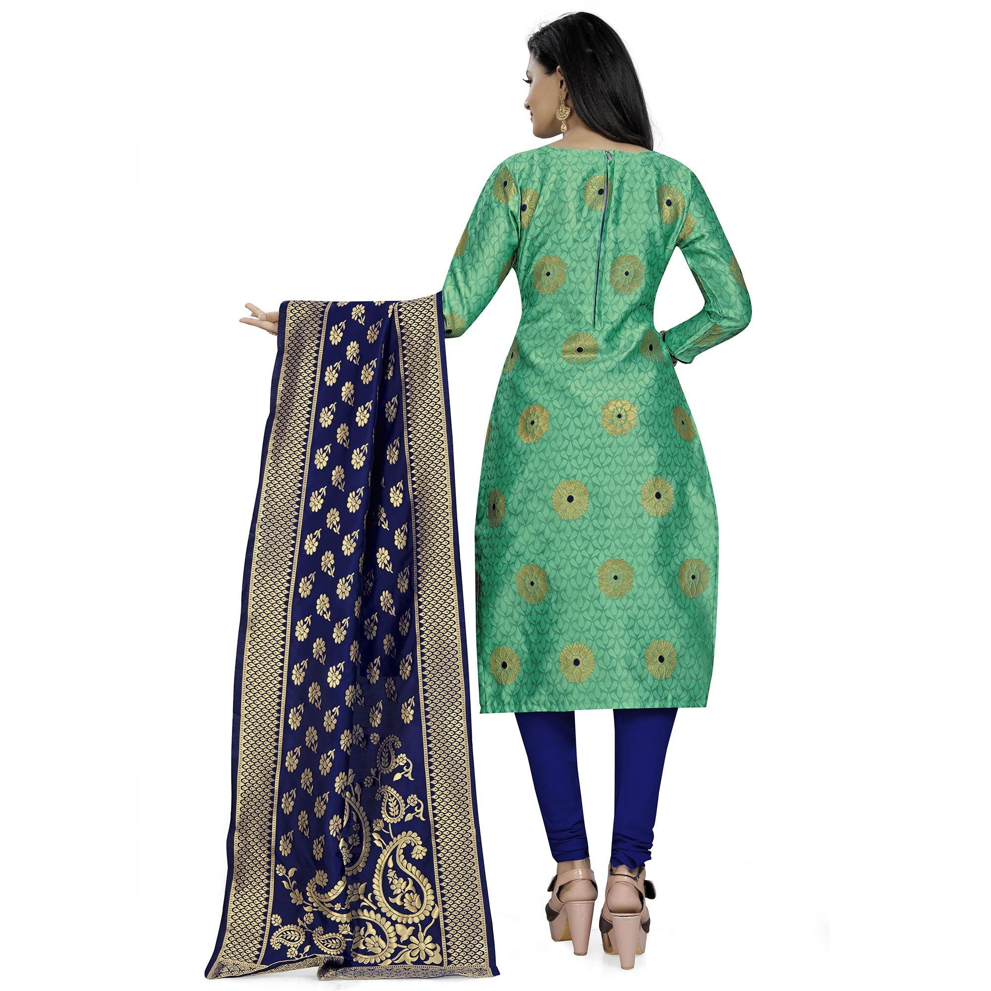 Opulent Green Colored Party Wear Woven Banarasi Silk Dress Material - Peachmode