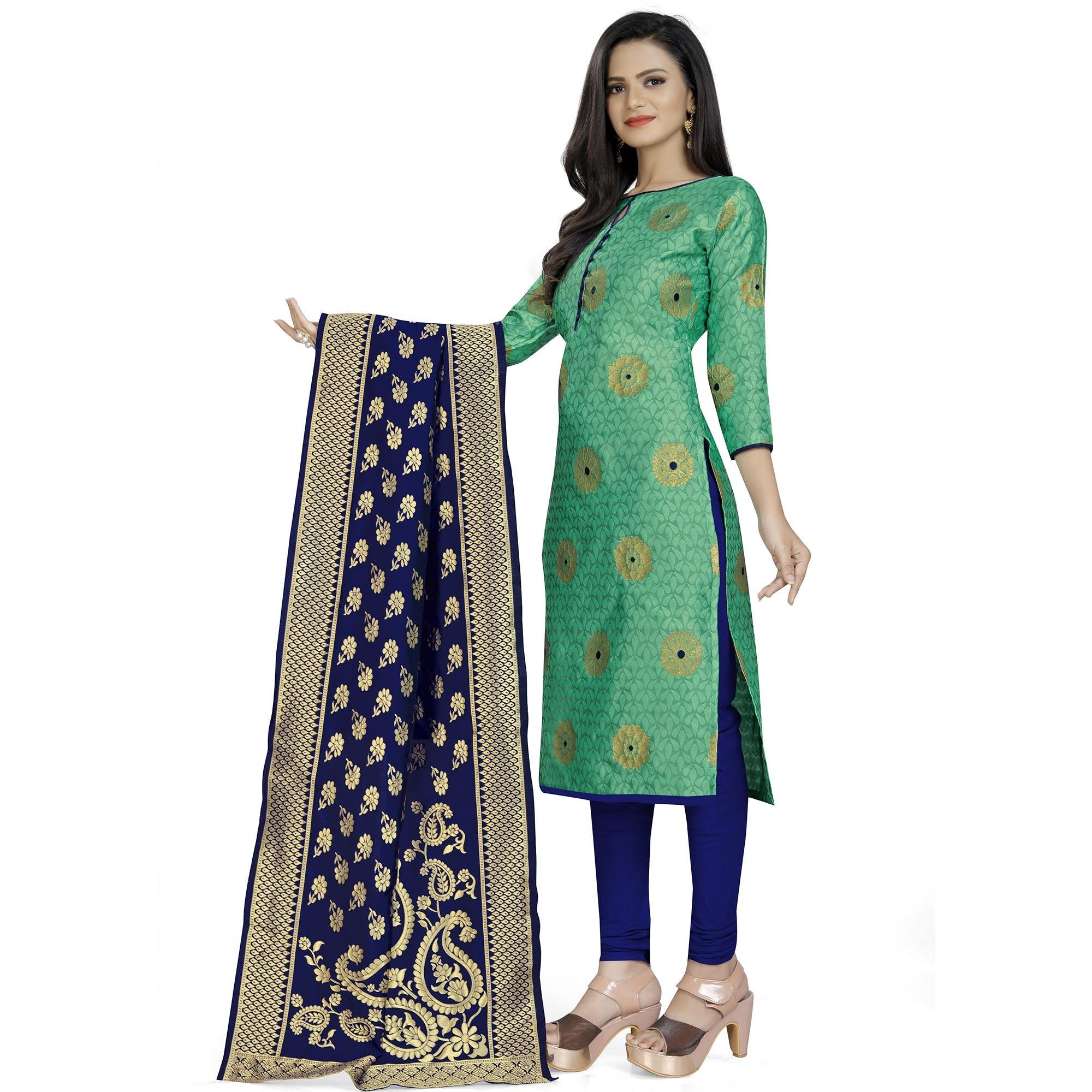 Opulent Green Colored Party Wear Woven Banarasi Silk Dress Material - Peachmode
