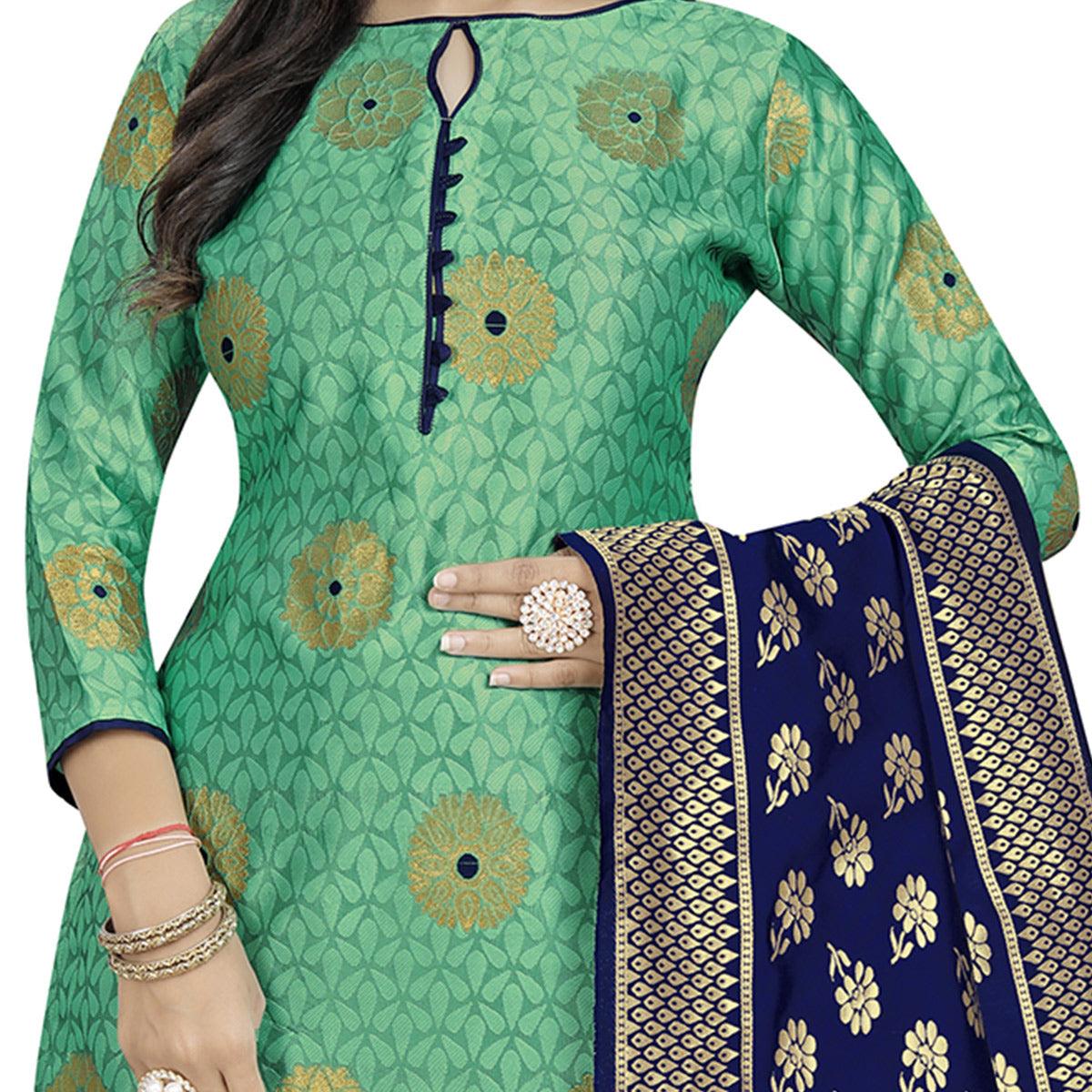 Opulent Green Colored Party Wear Woven Banarasi Silk Dress Material - Peachmode