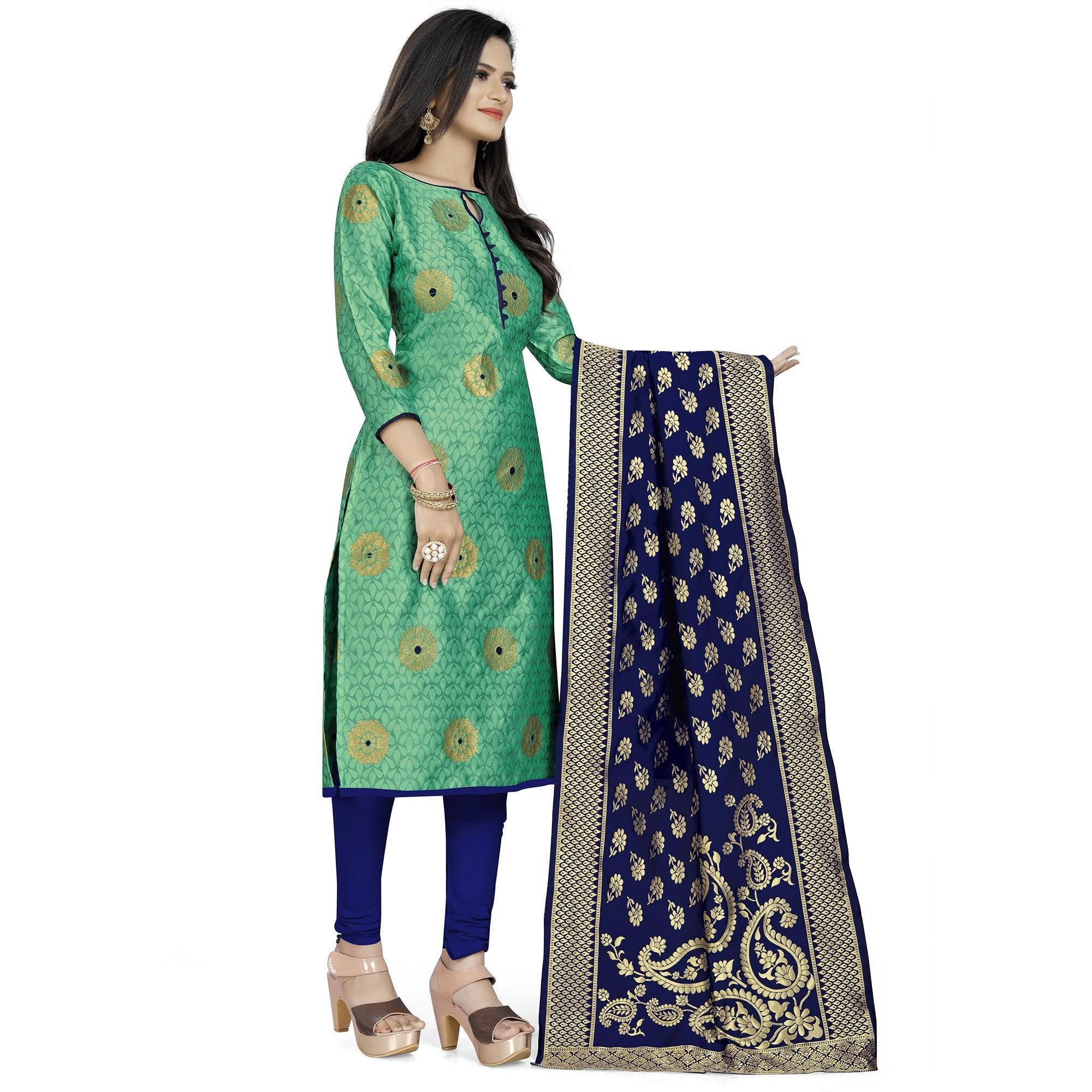 Opulent Green Colored Party Wear Woven Banarasi Silk Dress Material - Peachmode