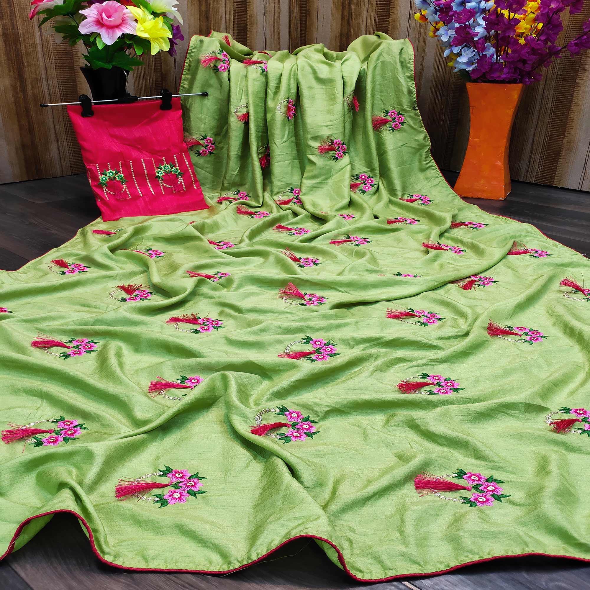 Opulent Green Colored Partywear Embroidered Dola Silk Saree - Peachmode