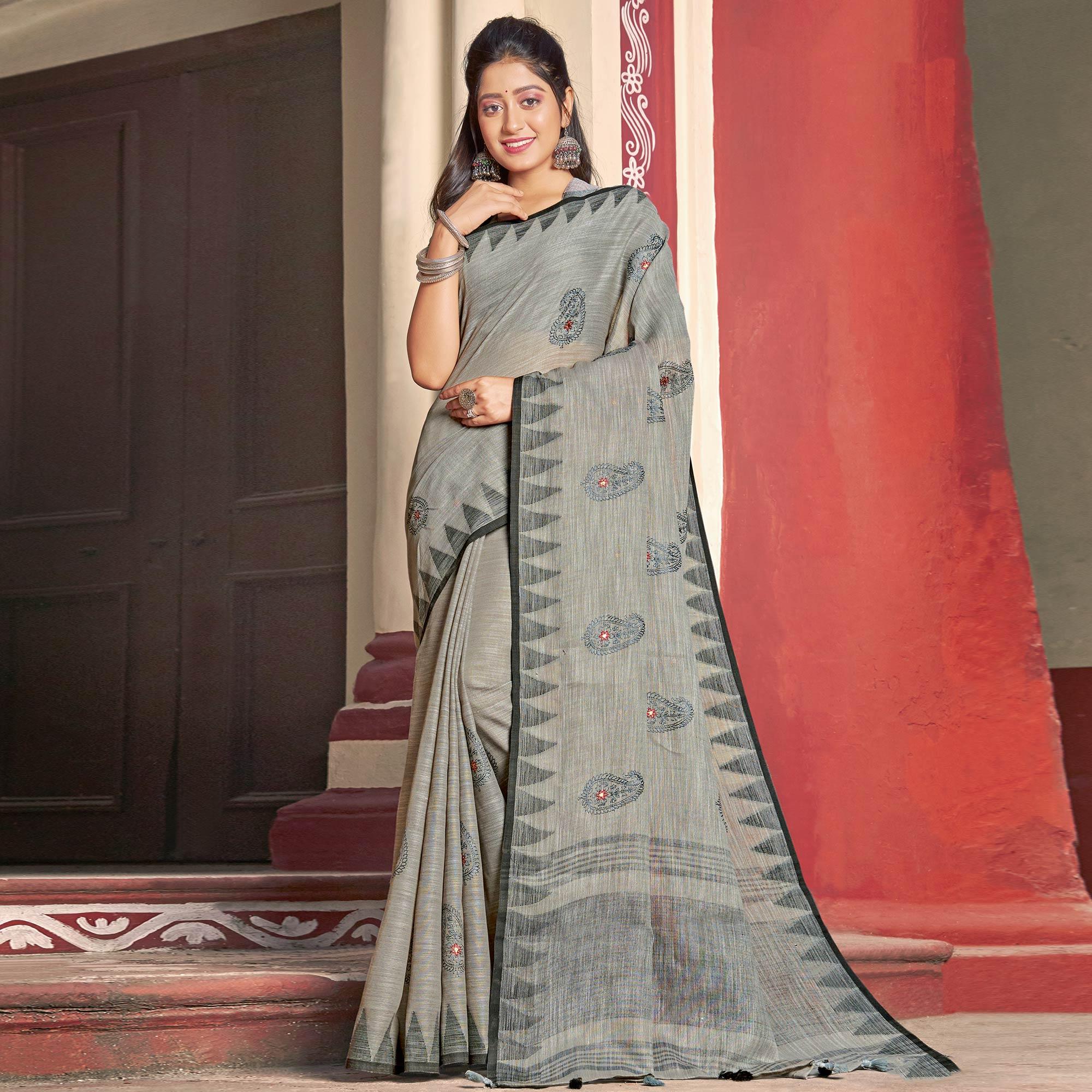 Opulent Grey Colored Casual Wear Printed Linen Cotton Saree - Peachmode