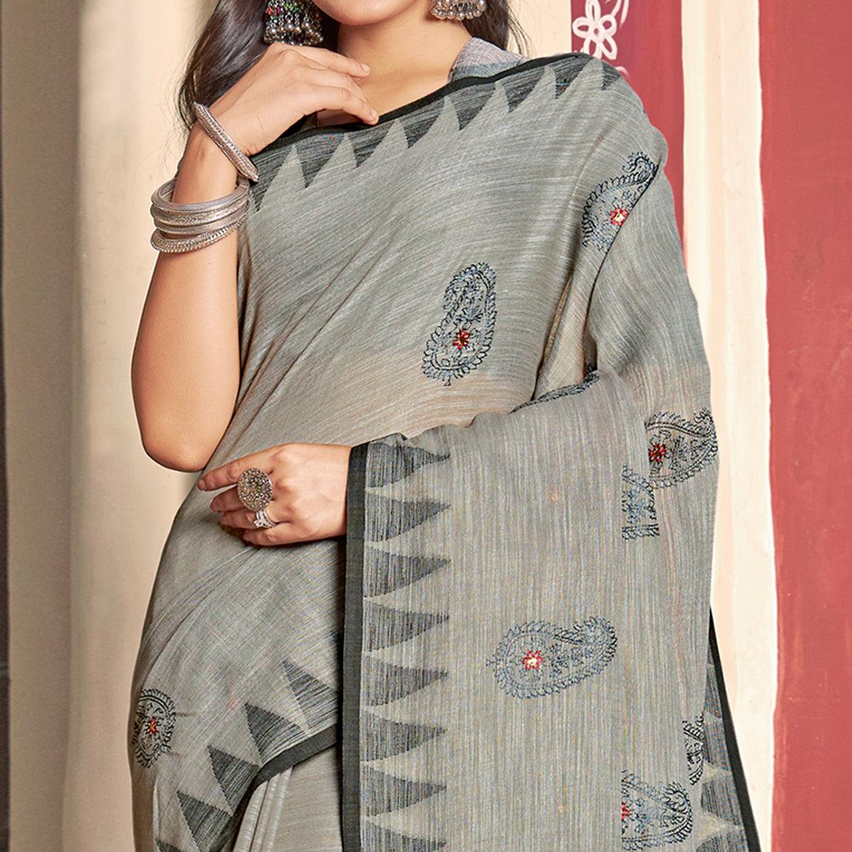 Opulent Grey Colored Casual Wear Printed Linen Cotton Saree - Peachmode