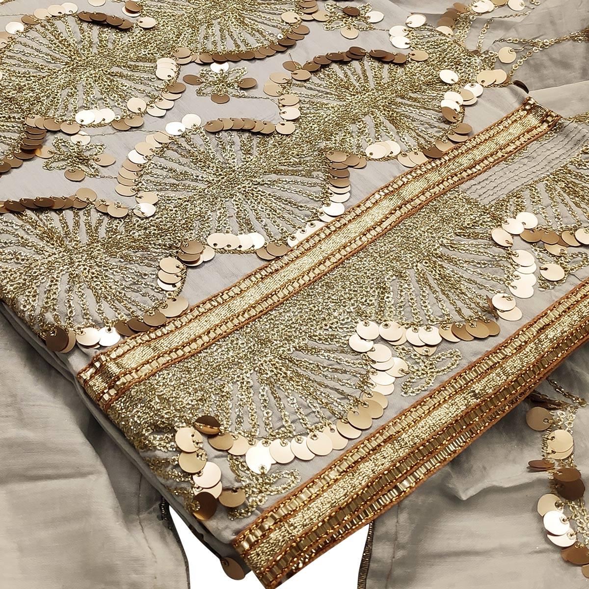 Opulent Grey Colored Festive Wear Embroidered Modal Silk Dress Material - Peachmode